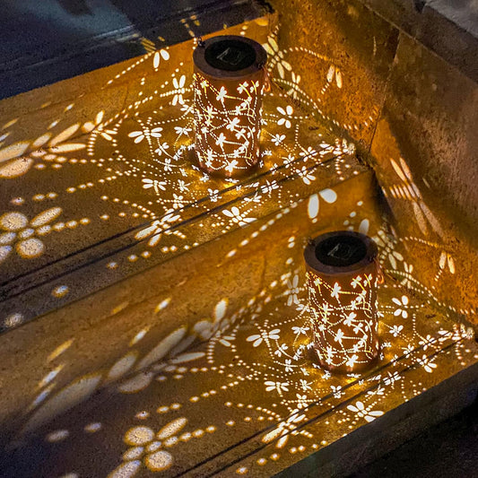 2 Pack Solar Lanterns Outdoor Hanging Lantern Lights, Dragonfly Hollowed-Out Metal Decor Lantern, Waterproof LED Decorative Garden Light - Delicate Garden Decoration for Patio, Yard