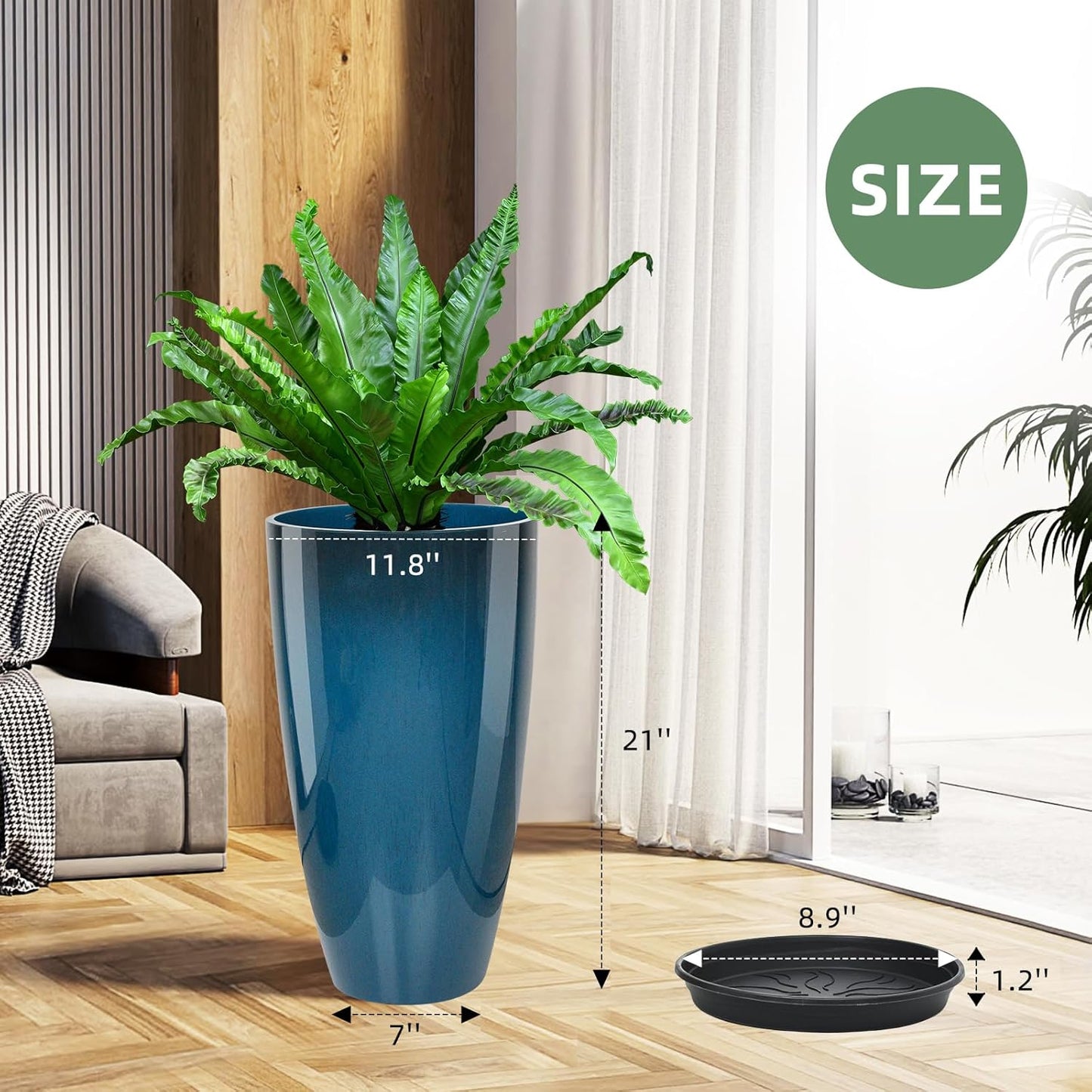 21 inch Tall Planter, Indoor Outdoor Planter Set of 2 Tall Outdoor Planters for Porch Large Planter Pot with Drainage Hole for Home Garden Front Door (Blue)