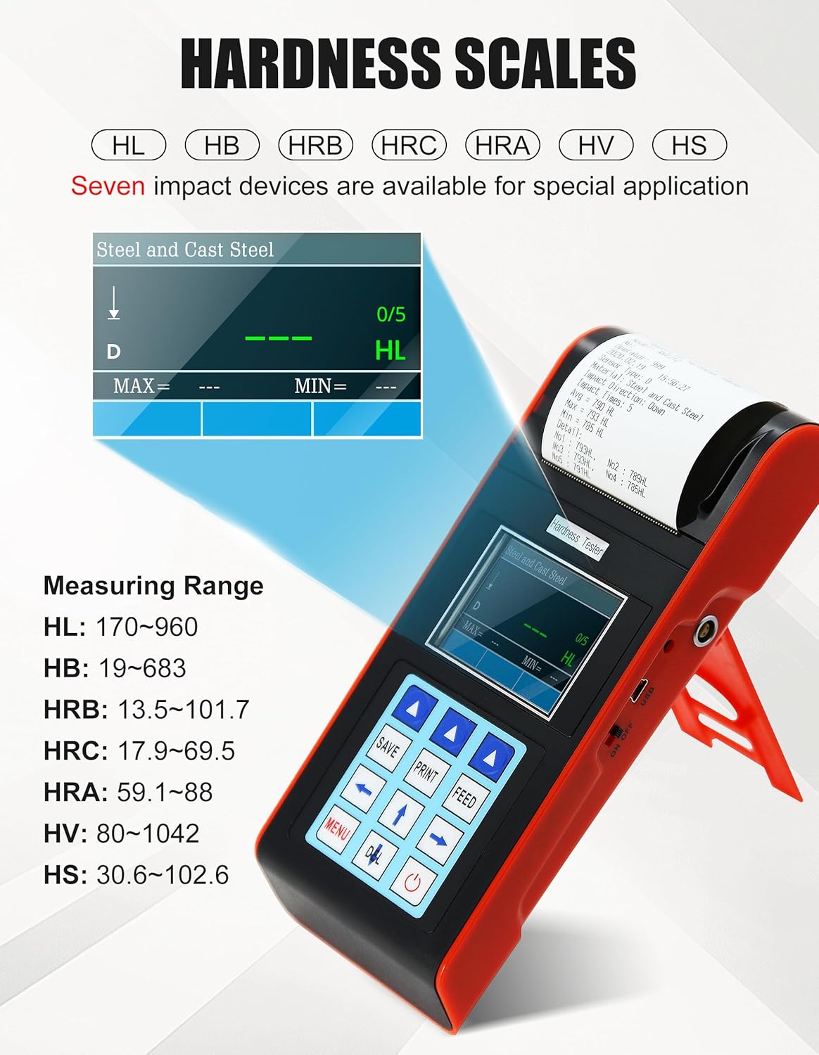 AMT212 Portable Built-in Printer Durometer Digital Handheld Leeb Hardness Tester with Standard D Impact Device PC Software for Steel Aluminum Iron Alloy Copper
