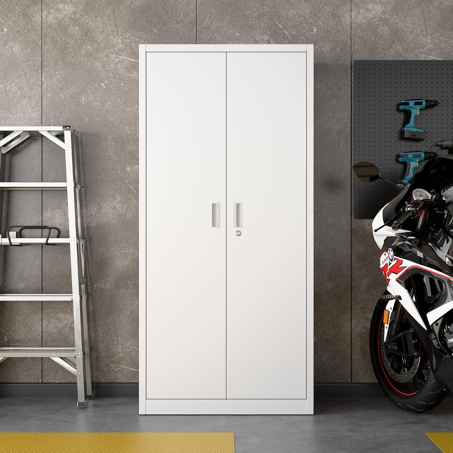 71"H×34"W×18"D Metal Garage Storage Cabinet with Lock and Pegboard, Steel Lockable File Cabinet with 2 Doors and 5 Adjustable Shelves for Office,Home,Garage, Storage, Assembly Required, White