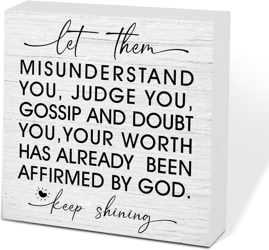 Let Them Wooden Sign, Desk Decorations For Women Office, 5x5 Inch Farmhouse Funny Office Decor Wood Box Sign, Desk Shelf Cubicle Accessories, Appreciation Gifts for Coworkers Boss, 12