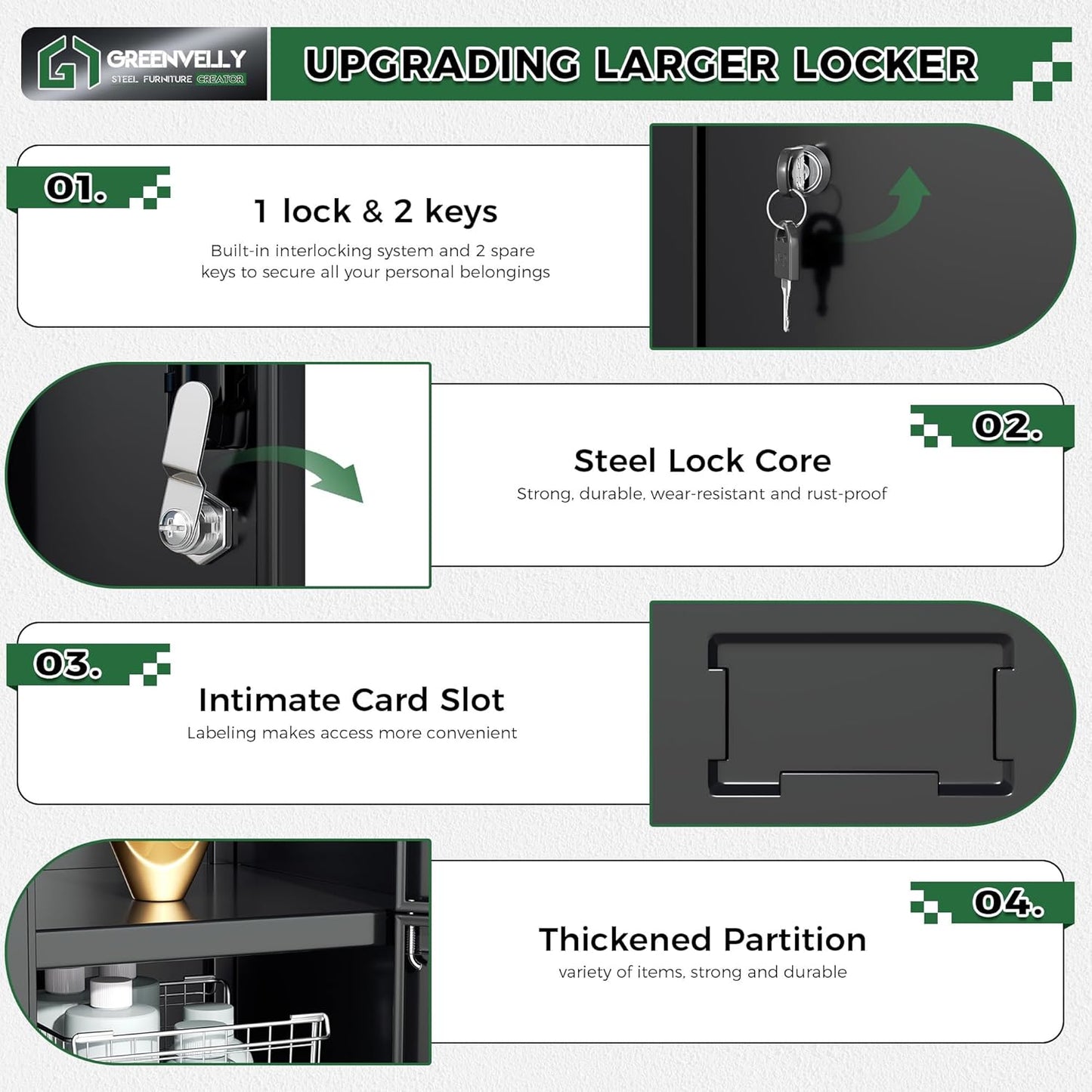 Greenvelly Metal Locker, 72" Metal Lockers for Employees with Locking Doors, Lockable Steel Locker Storage for Office, School, Gym, Home (Black)
