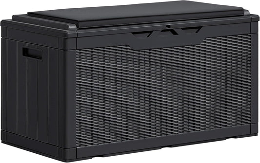 Greesum 100 Gallon Resin Deck Box Large Outdoor Storage Boxes with Cushions for Garden Tools, Patio Furniture Pillows, Pool Supplies, Black