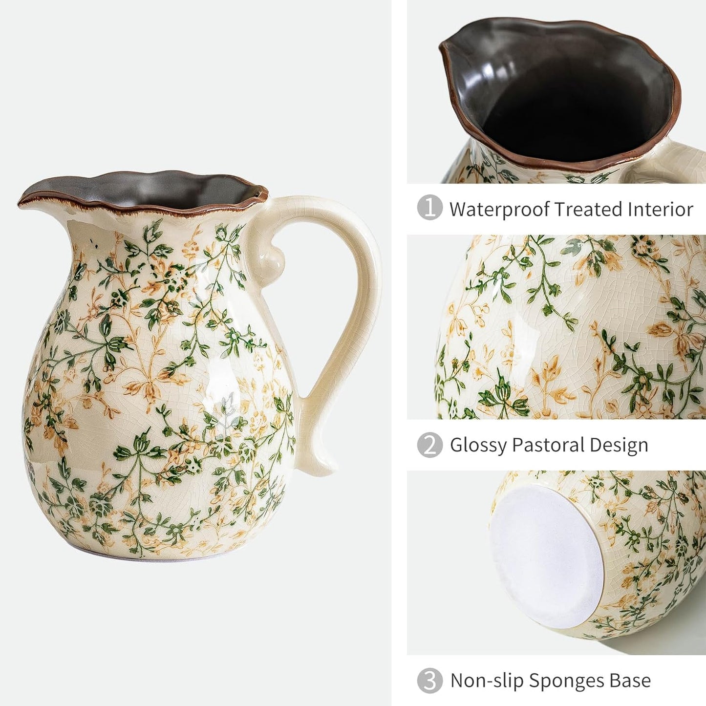 Green and White Vintage Vase with Handle, Chinoiserie Floral Pitcher Vase, Rustic Ceramic Farmhouse Vases for Home Decor, Living Room, Bookshelf, Office, Grand Millennial Decors, Tuscan Decor 7.9 Inch