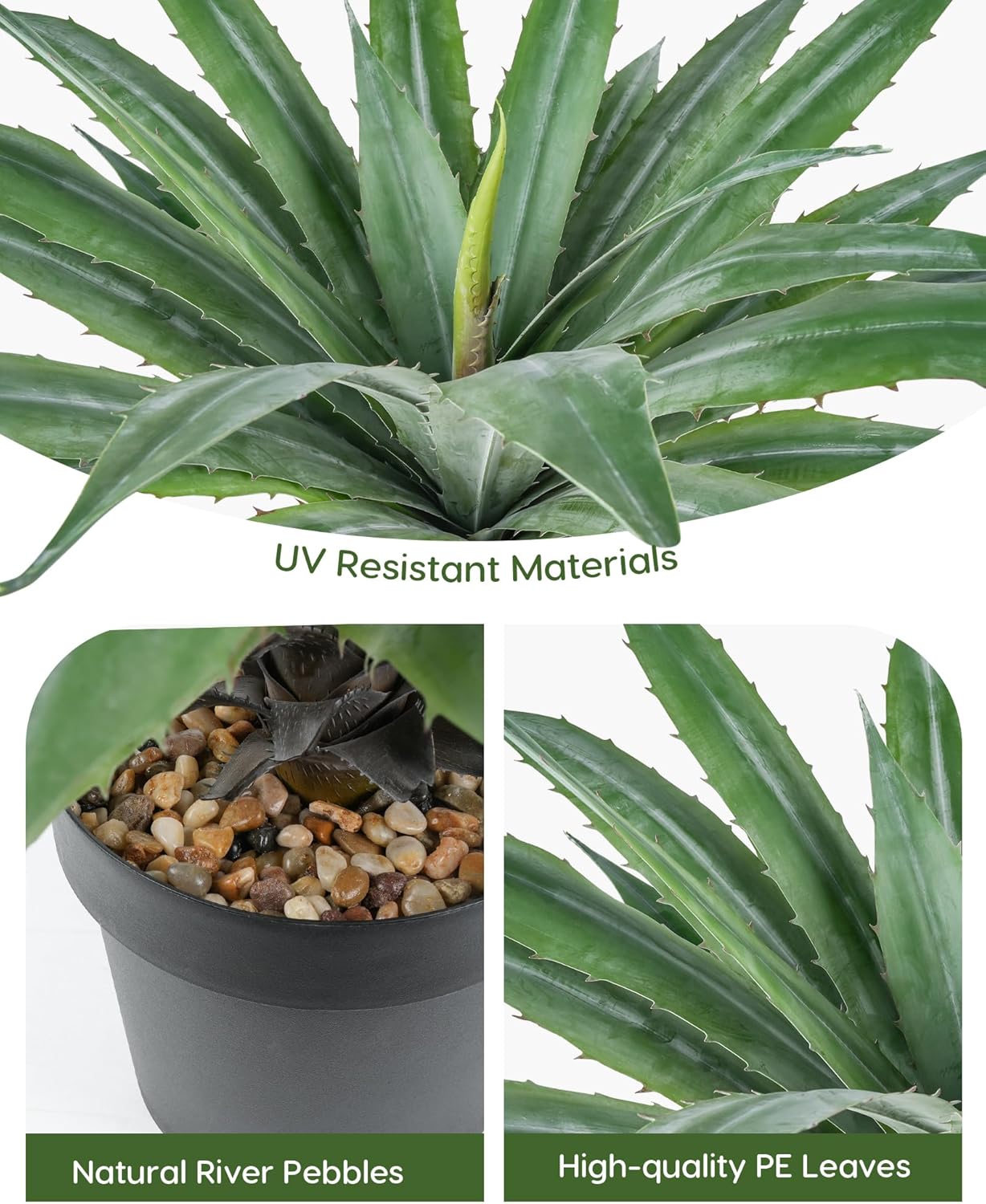 Velener Artificial Agave Plant in Black Pot with Real Stone Pebbles, Large Fake Agave Plants with Green Serrated Leaves, Faux Yucca for Indoor and Outdoor Decor-32 Inches Tall, 40 Leaves