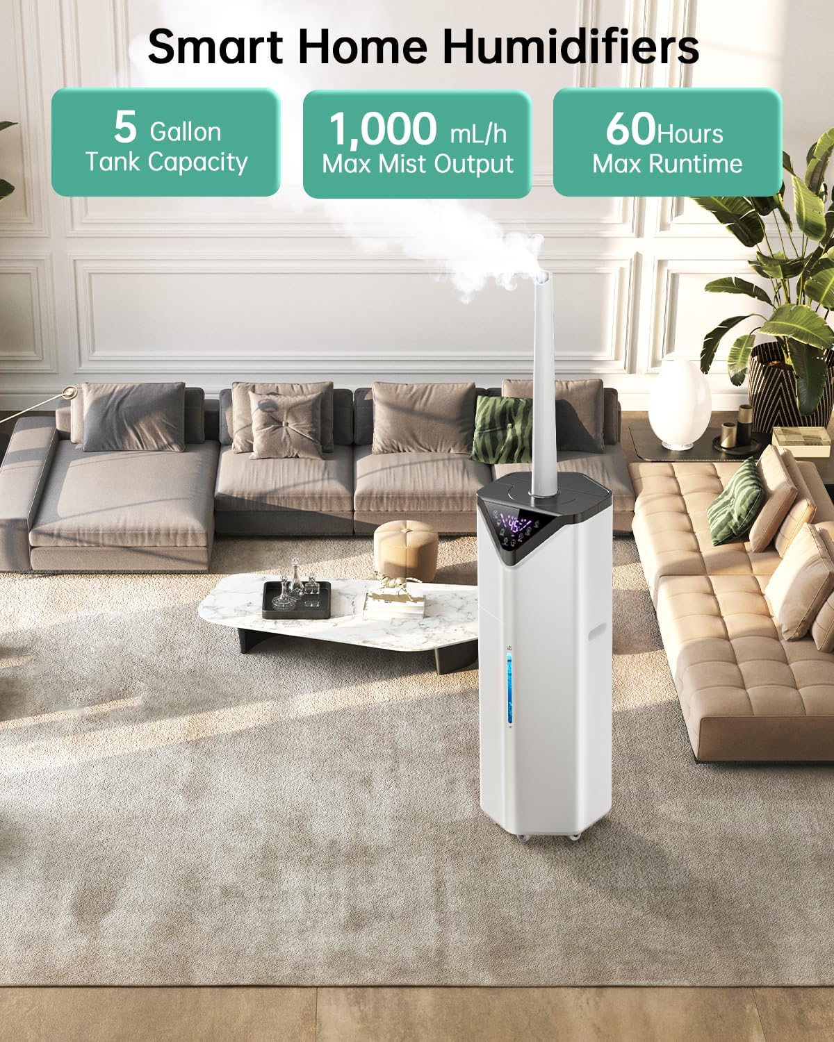 5Gal Smart Humidifier Large Room up to 2800ft², 1000mL/h, APP & Remote Control, 180° Auto Rotating Nozzle, 24H Timer, 60H Supersized Cool Mist Humidifiers for Whole House Home Bedroom Office Plants