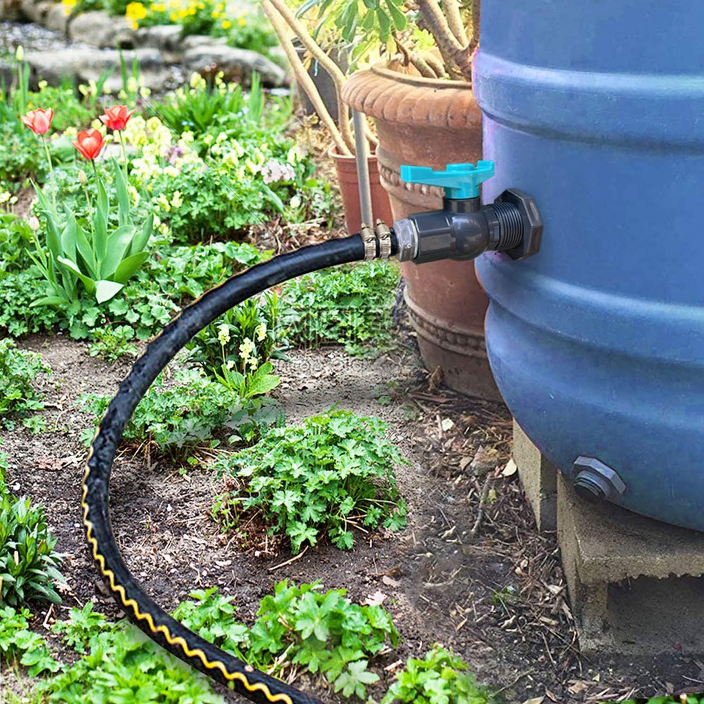 Rain Barrel Spigot PVC Faucet Kit Water Barrel Diverter Kit with Bulkhead Fitting,Ball Valve,Garden Hose Barb(16mm) Adapter,Pipe Clamps,Thread Seal Tape(kit for 16mm ID Hose)