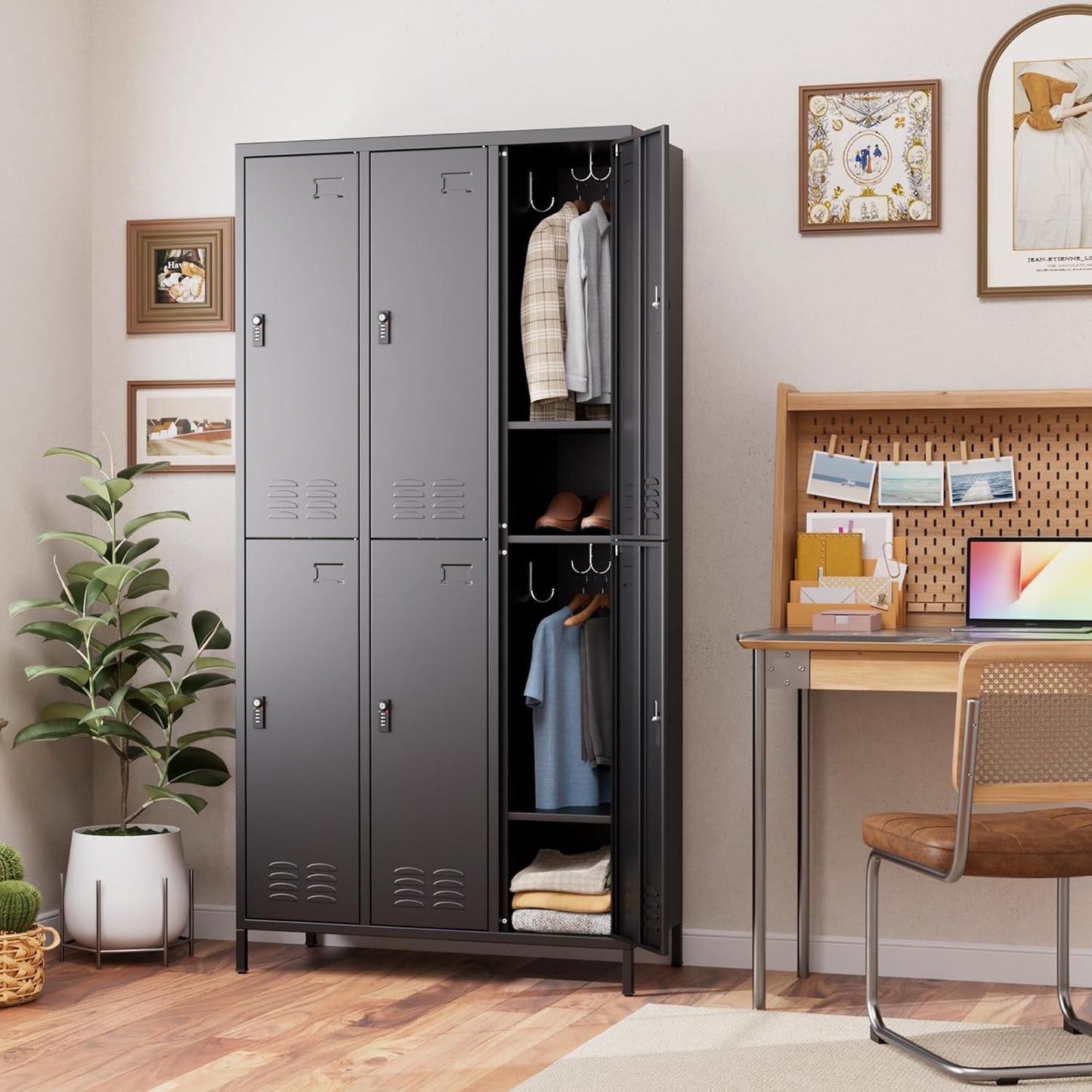 6 Doors Metal Lockers for Employees with Combination Locks and 6 Shelves, Storage Locker with 18 Hooks and Business Card Holder for Office Gym School Bedroom, Assembly Required, Black