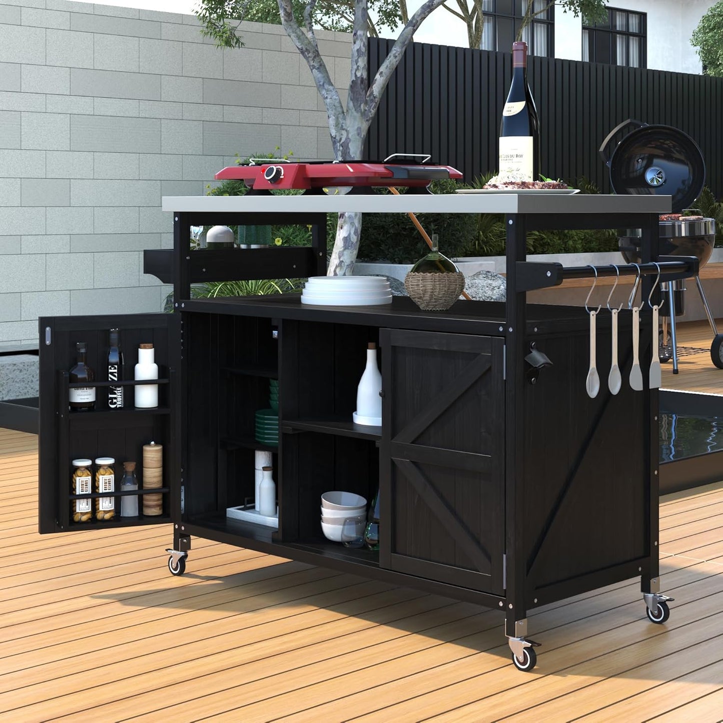 Outdoor Grill Carts for Patio Graden BBQ with Storage Cabinet, Home Rolling Kitchen Island Bar Cart with Stainless Steel Top, Food Prep Table with Shelves, Spice Rack & Towel Holder (Black)