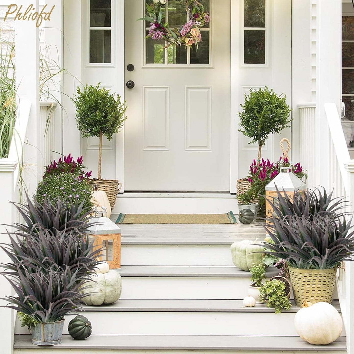 32 Pcs Artificial Grass Fake Plants 17.3in Outdoor Plants UV Resistant Faux Greenery Stems Fake Grass for Home Window Garden Office Patio Pathway Front Porch Halloween Décor Green & Black