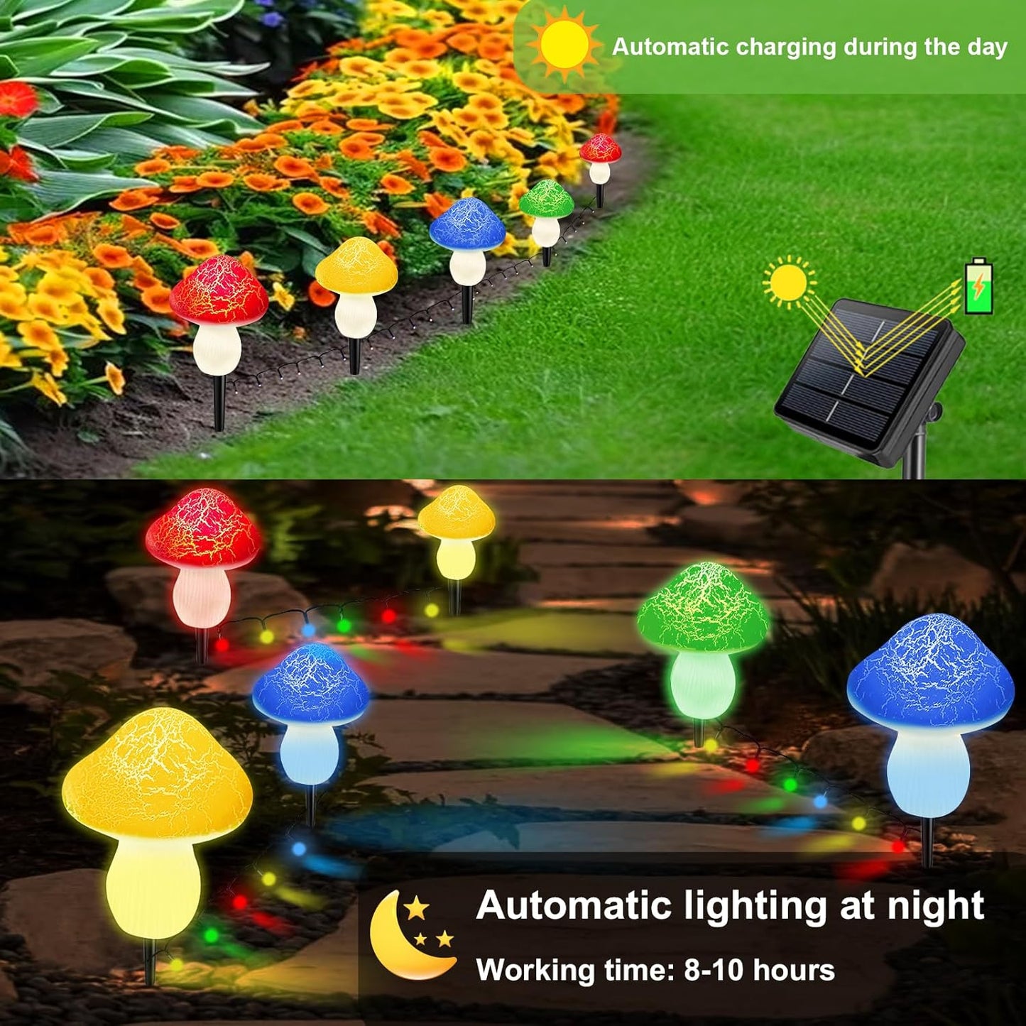 Mushroom Solar Lights Outdoor Decor - 8 Pack 50 LED Crackle Mushroom Lights, 23ft Solar Powered Fairy String Light with 8 Modes, Waterproof for Outside Garden Yard Patio Pathway, Colorful