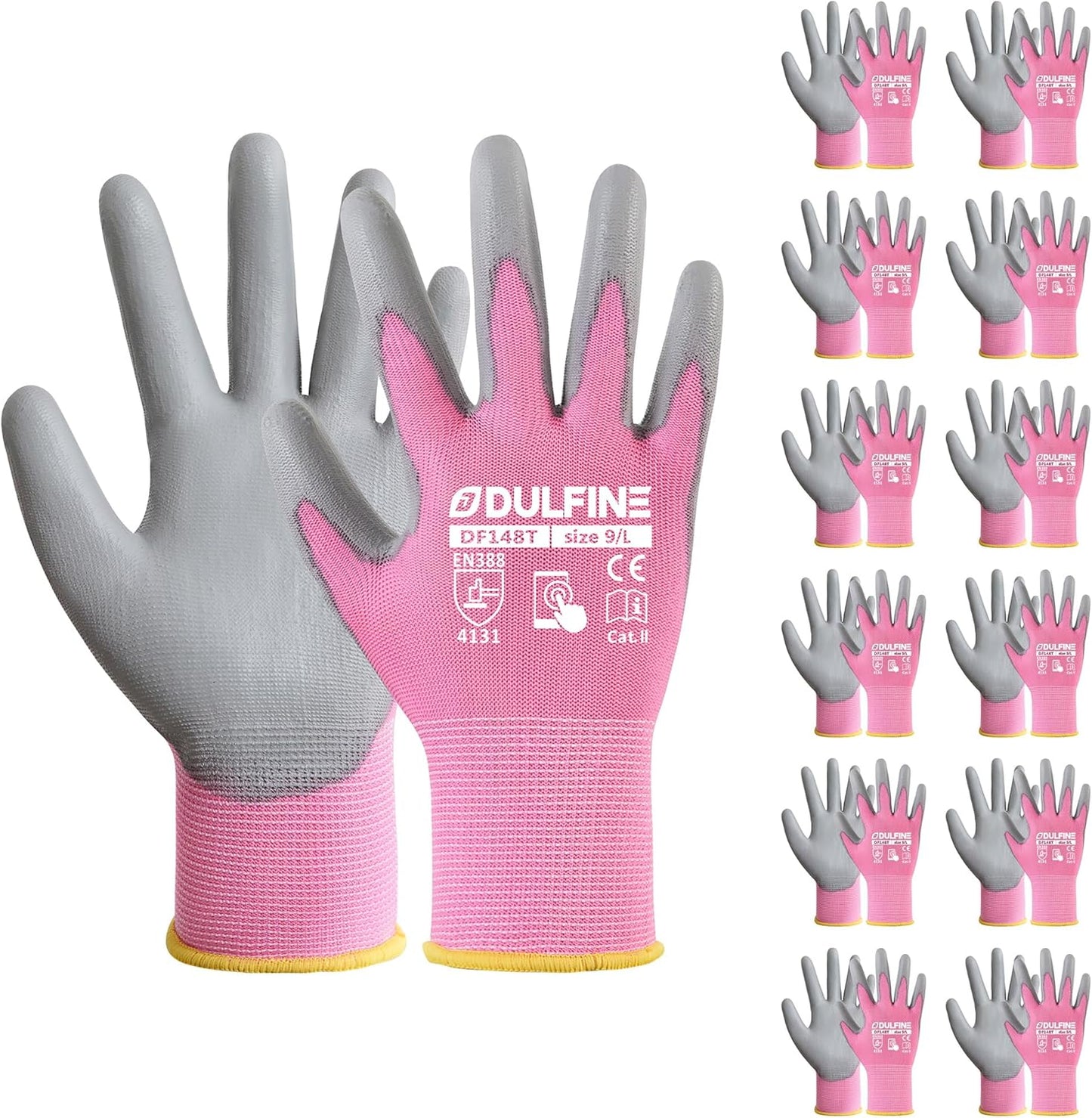 DULFINE Work Gloves for Men PU Coated 12 Pairs Bulk Pack,Pink Seamless Knit Glove with thin Polyurethane,Two Finger Touchscreen, for Men and Women, Ideal for Light Duty Work. (Large)