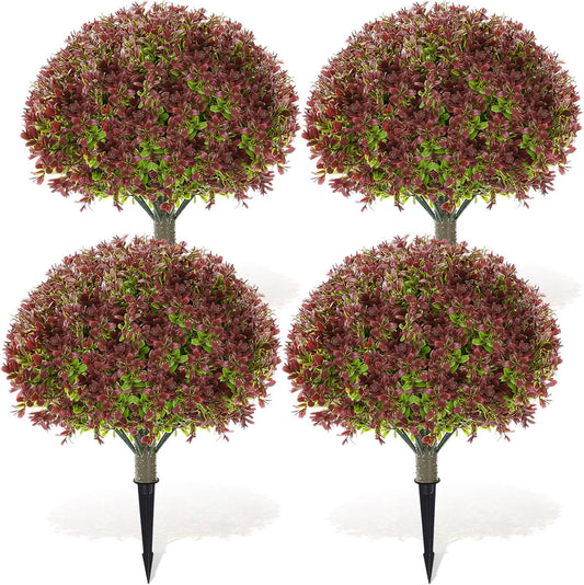 Yunlly 4 Pack 18" Artificial Boxwood Ball Bush Topiary Trees Fake Outdoor Plants, Realistic UV Resistance Faux Shrubs with Spike Greenery Topiary for Front Porch Garden Yard Patio Indoor (Dark Red)
