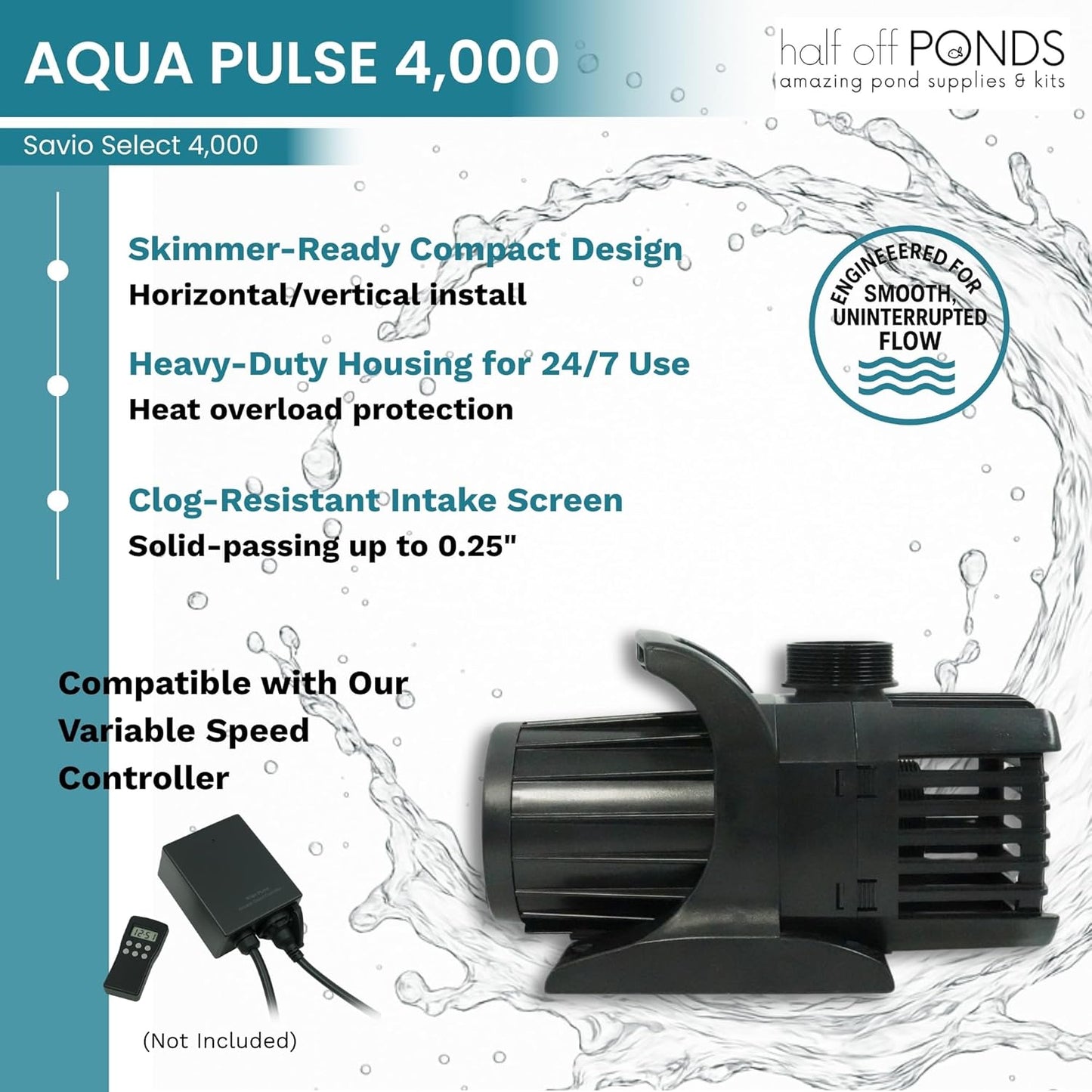 HALF OFF PONDS Savio Select 4,000 GPH Submersible Pump Pond Kit with 15' x 15' PVC Plastic Pond Liner for Water Garden & Koi Pond