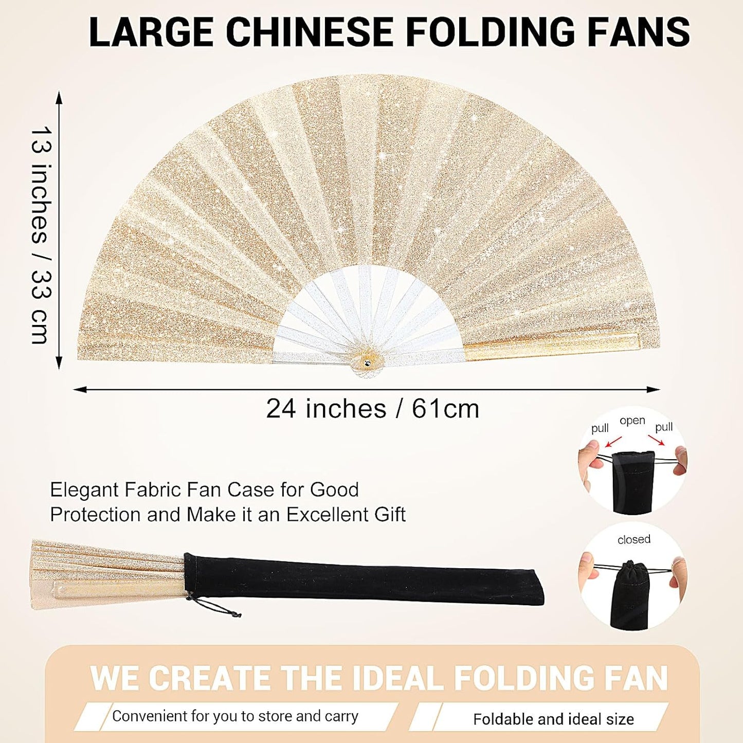 Blulu 4 Pcs 13 Inch Large Folding Hand Fans for Line Dancing Big Clapping Popping Raves Fans Bulk for Dancing Boots on The Ground Festival Party Decoration(Classic Style, Gold)