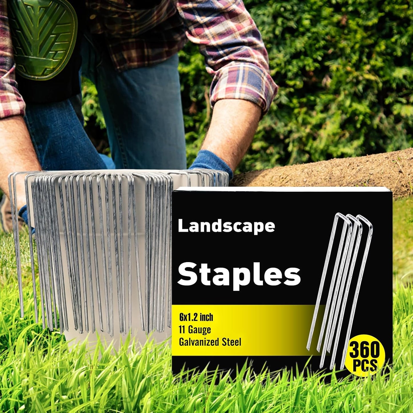 HongWay 360 Pack 6 Inch Landscape Staples, Galvanized Garden Staples 11 Gauge Ground Stakes Landscaping Fabric Pins Plant Cover Stakes Yard Staples for Lawn Fence Tent Hose Drip Irrigation Tube