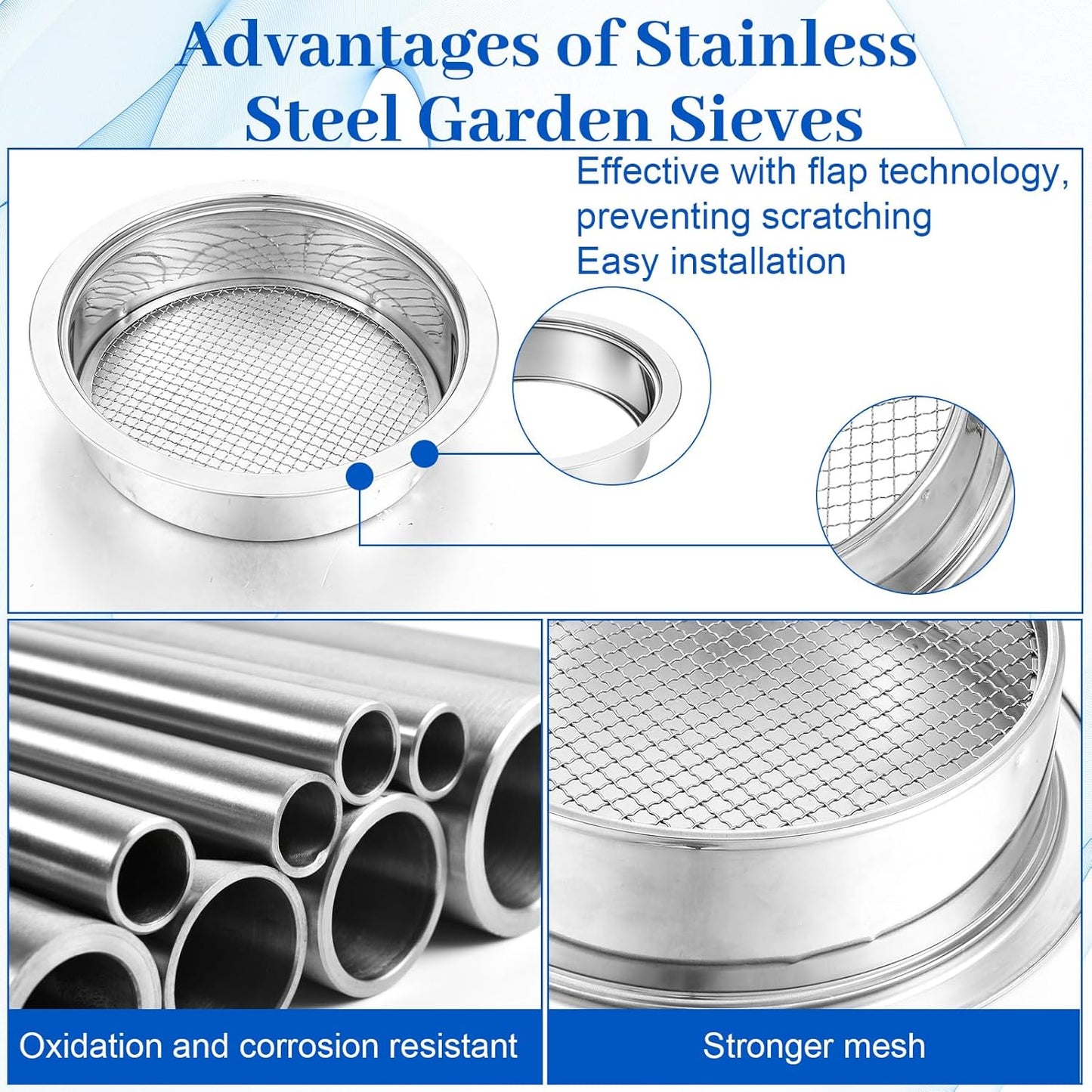 Multi-Purpose Soil Sifter for Gardening Stainless Steel 9.44”, 5 Pcs Stainless Steel Soil Sieve Mesh (1,3,6,9,12mm), Stackable Sifting Screen Pan for Bonsai Sand Rock Dirt Compost Sifter