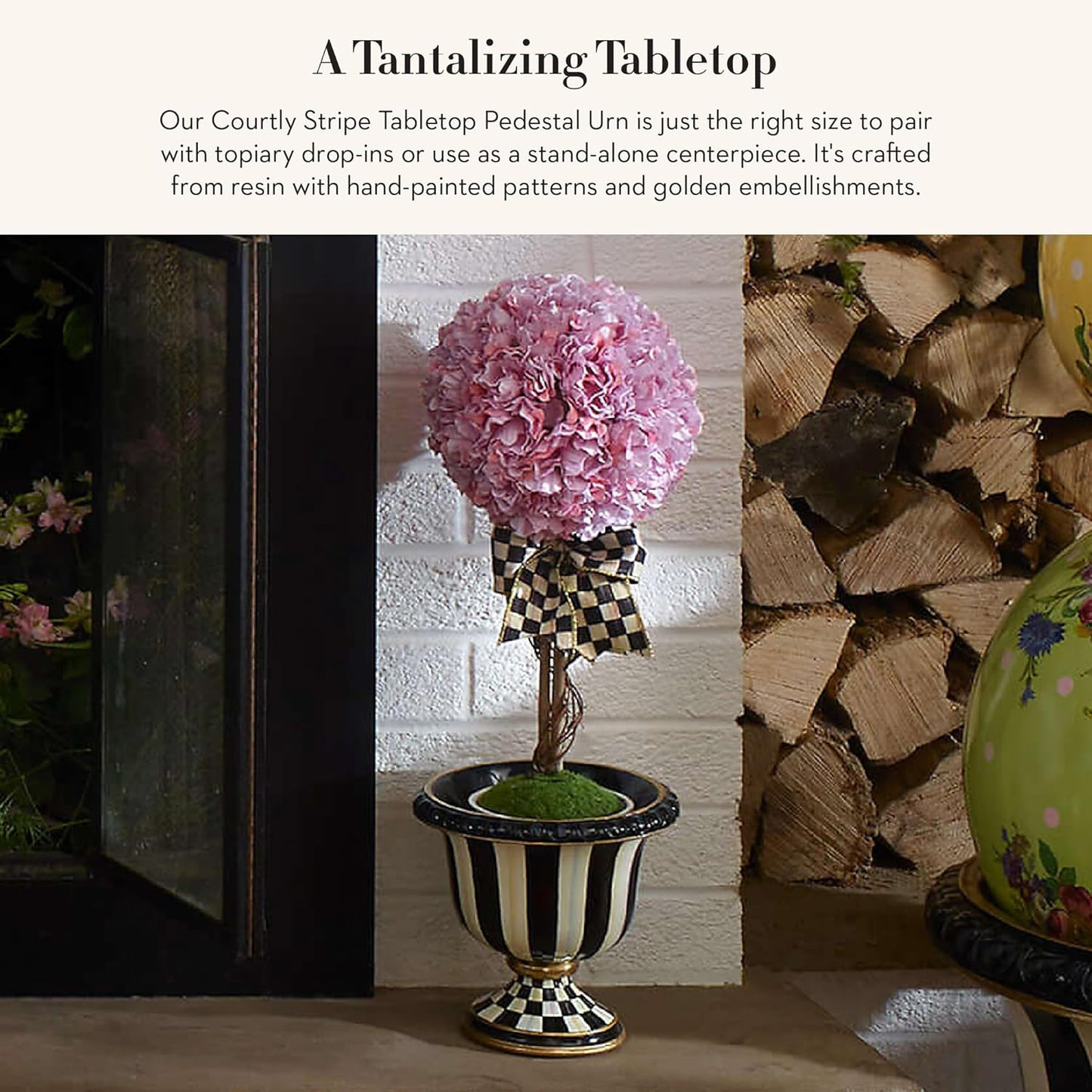 MACKENZIE-CHILDS Pedestal Tabletop Urn, Decorative Centerpiece for Table, Mantel, or Shelf, Small, Black-and-White Courtly Stripe