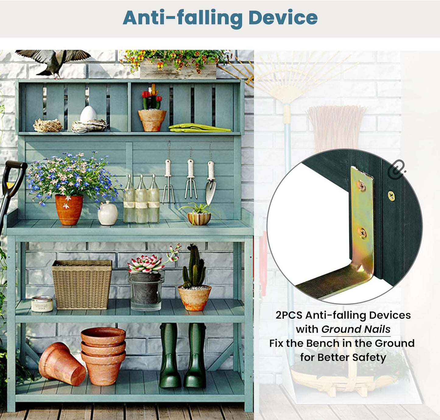 65" Wooden Potting Bench with 4 Shelves & Side Hook - Farmhouse Style Outdoor Garden Workstation (Green + Solid Wood + NaturalWood Color-1)