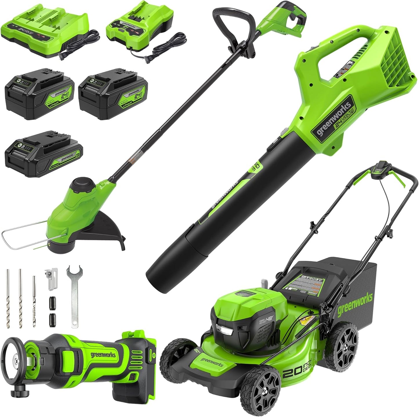 Greenworks 48V (2x24V) Lawn Mower Combo - 20" Push Mower, 12" String Trimmer, 320 CFM Leaf Blower + 24V Cordless Speed Saw - Ideal for Yard & Indoor