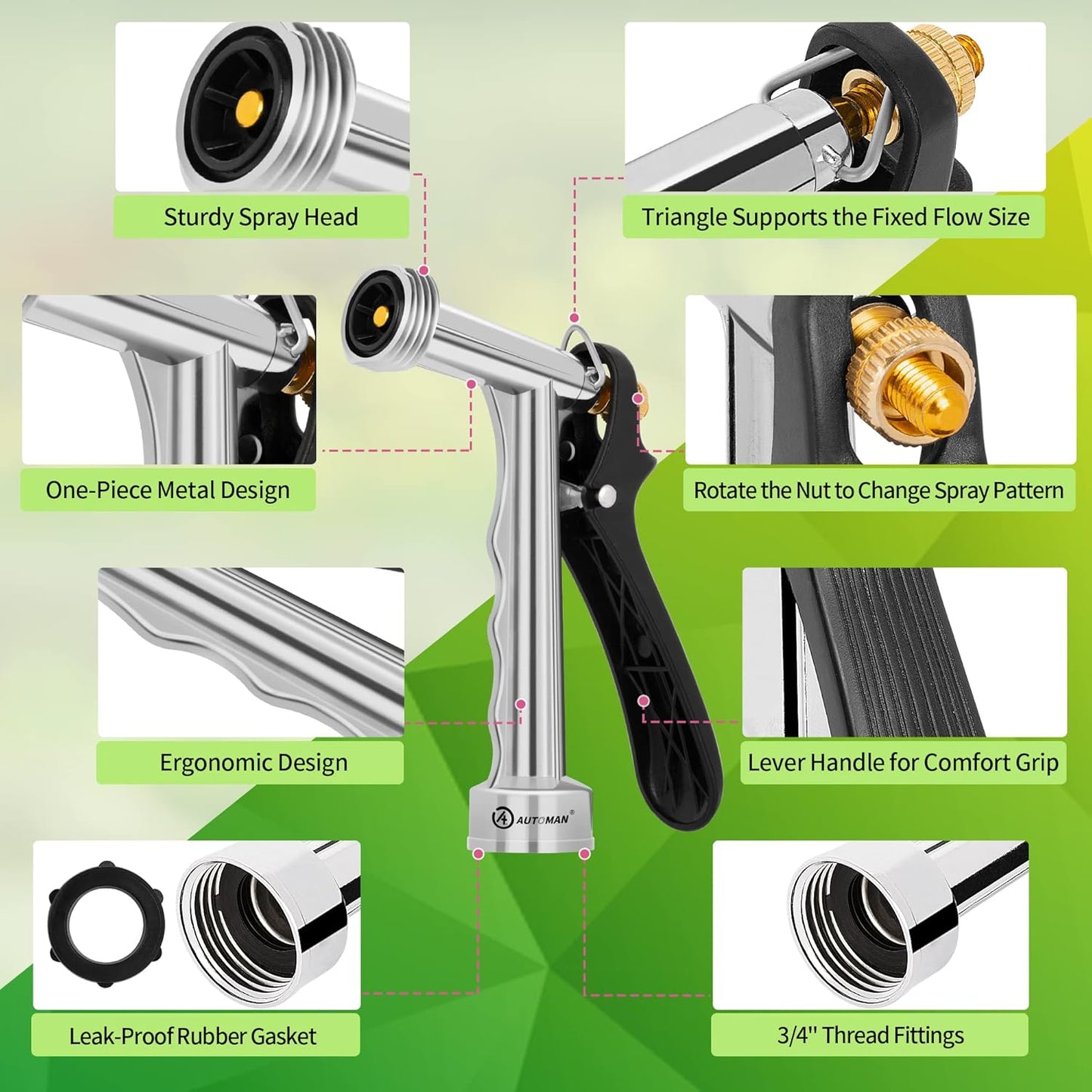 AUTOMAN Garden Hose Nozzle, 1 Pack High Pressure Nozzle, Full Size Pistol Grip Water Sprayer with Threaded Front, Adjustable Spray Water Flow for Car Washing, Plants Watering, Pets Showering, Cleaning