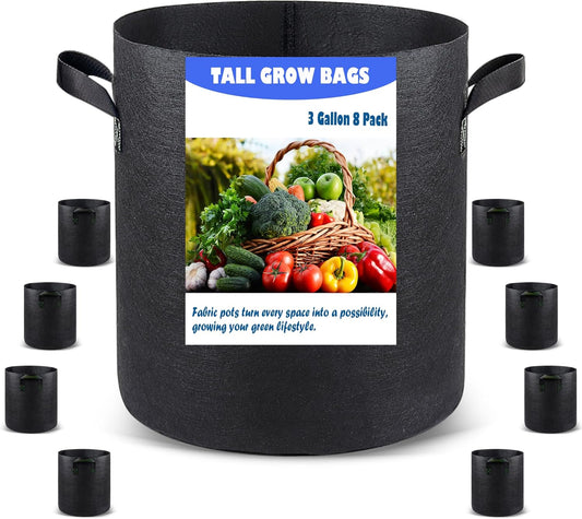 3 US Gallon 8 Pack Tall Grow Bags for Vegetables, Heavy Duty Nonwoven Aeration Fabric Deep Grow Pots with Handles