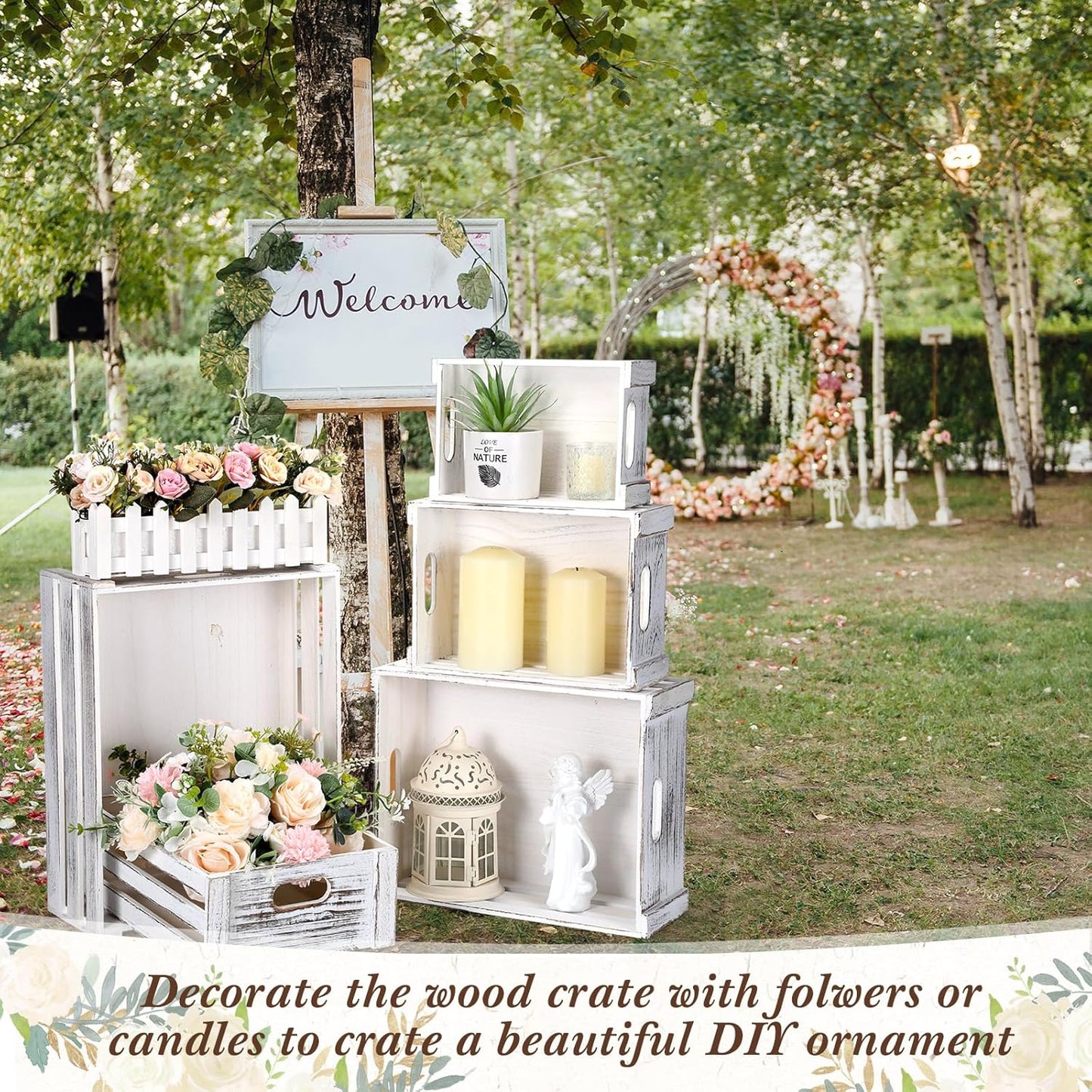 5 Pack Decorative Wood Crates for Display 5 Sizes Rustic Nesting Wooden Crates Vintage Storage Container Boxes with Handles Handmade Decorative Baskets Bin for Farmhouse(Vintage White)