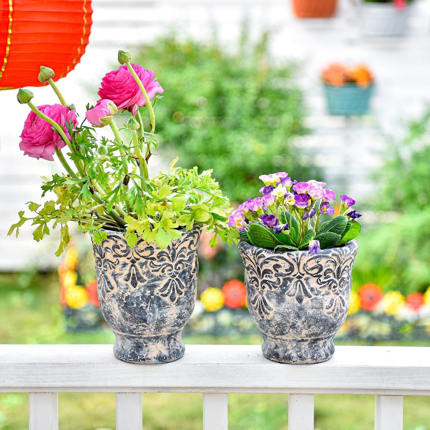 Sungmor 6.1 Inch Cement Plant Pot for Plants, Succulent Planter with Embossed Design, Vintage Concrete Flowerpots with Drainage Hole, Decorative Orchid Houseplant Pot Indoor Outdoor Plant Container