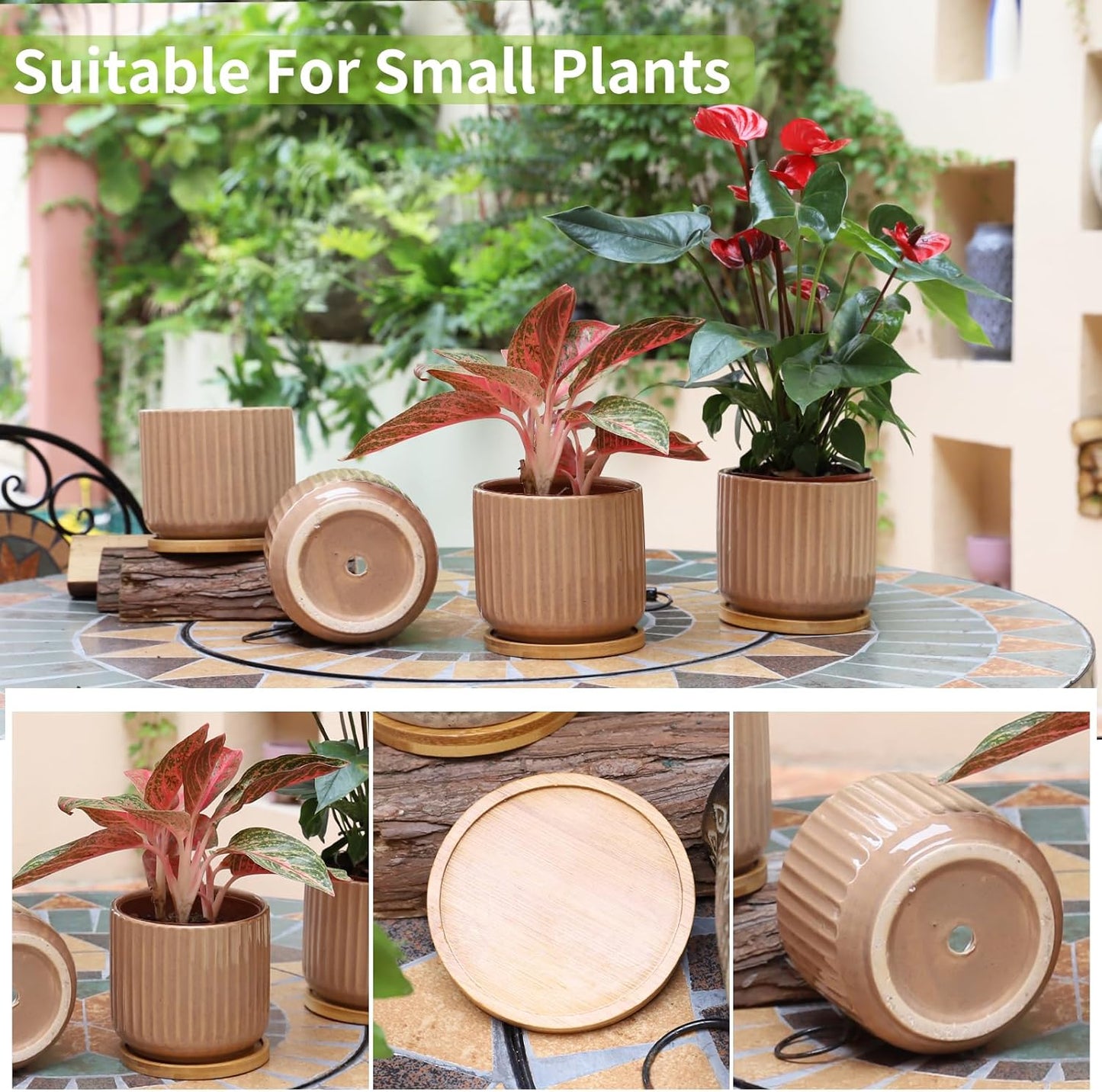 TAMAYKIM 5.25 Inch Ceramic Plant Pots with Drainage Holes and Saucers, Modern Flower Pots with Trays for Indoor Planters, Snake Plant, Succulent, Cactus and Herbs, Red, Set of 4