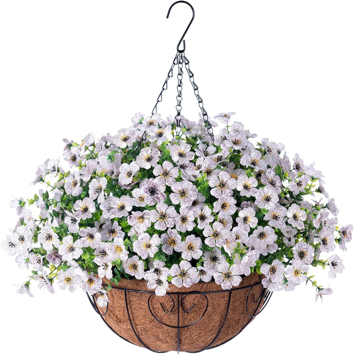 Artificial Fake Hanging White Plants Flowers Basket for Outdoor Fall Winter, Faux Silk Daisy in Planter Realistic UV Resistant for Christmas Outside Porch Home Patio Balcony Yard Decoration