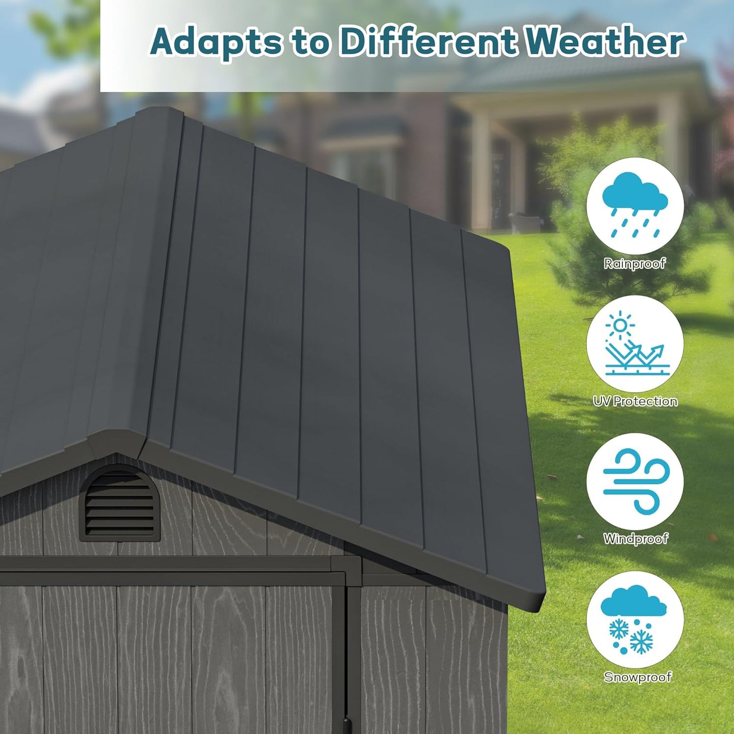 Greesum 4×6FT Plastic Outdoor Storage Shed with Floor, Resin Storaged Sheds with Lockable Door, Window & Vent, All-Weather Tool Sheds for Garden, Backyard, Patio, Dark Gray (One-Piece Panel)