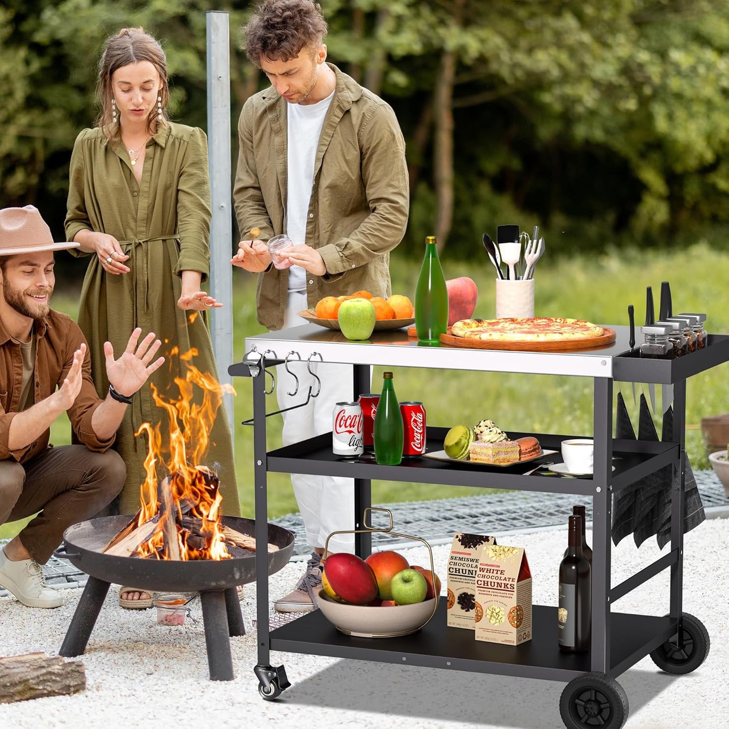 Spurgehom Outdoor Grill Cart, Pizza Oven Stand Table with Wheels Dining Cart for Outside Patio, Movable Kitchen Cooking Prep Table BBQ Cart with Mesh Racks for Home Party, Bar, Camping