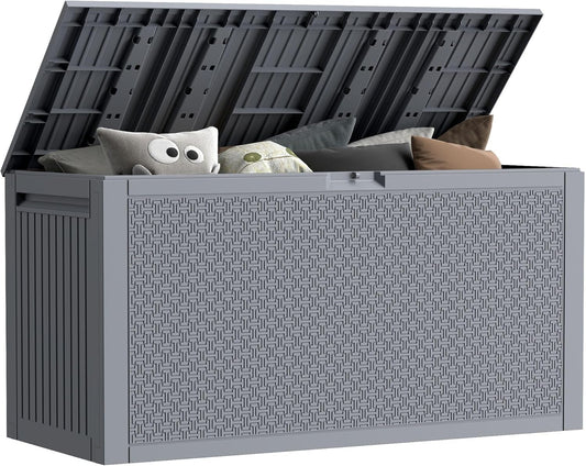 90 Gallon Outdoor Storage Box, Lockable Package Outside Storage Box Waterproof, Patio Cushions Deck Storage Boxes, Rattan Plastic Garden Hose Containers Resin Pool Storage Bins with lids, Grey