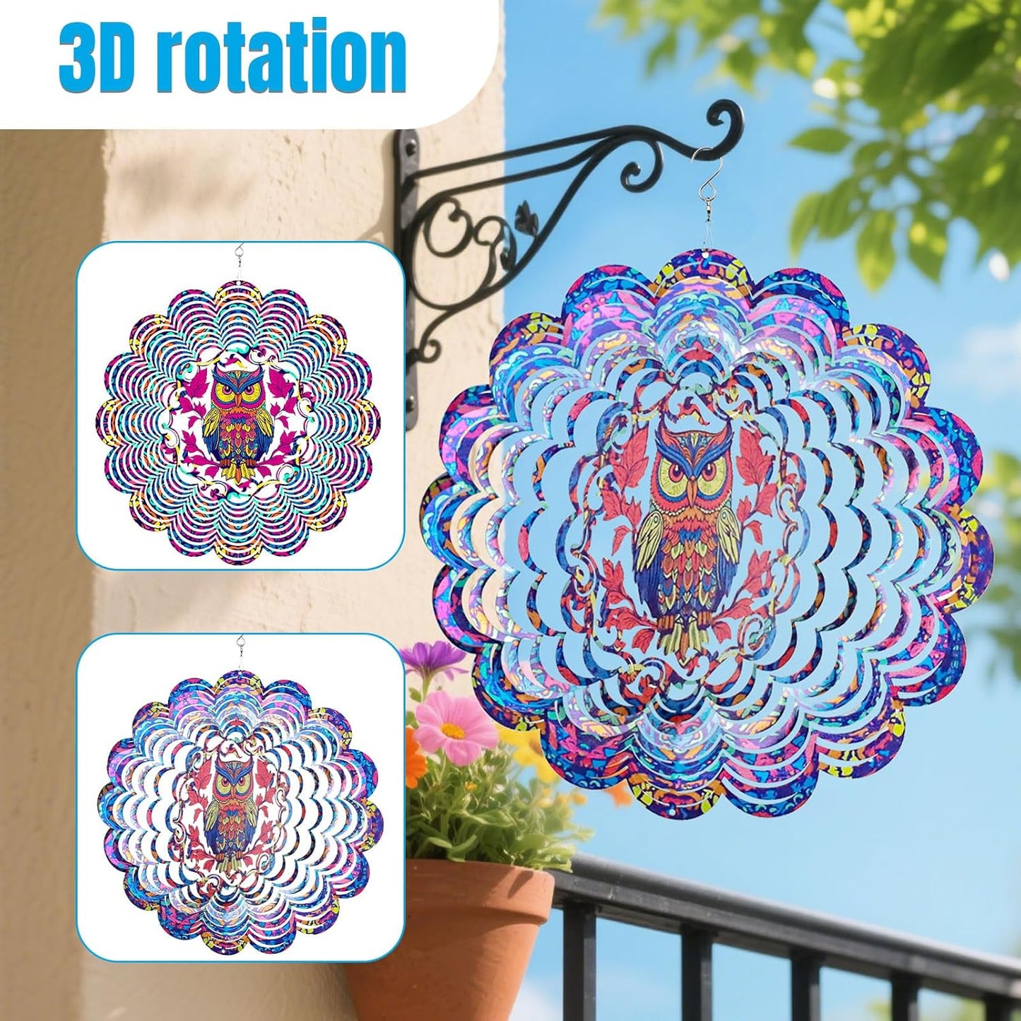 Wind Spinners Outdoor, Owl Metal 3D Hanging Garden Decor, 12-inch Stainless Steel Wind Spinner with Tail Spinner, Wind Sculptures for Patio Lawn Yard, Ornament Gift for Women/Men