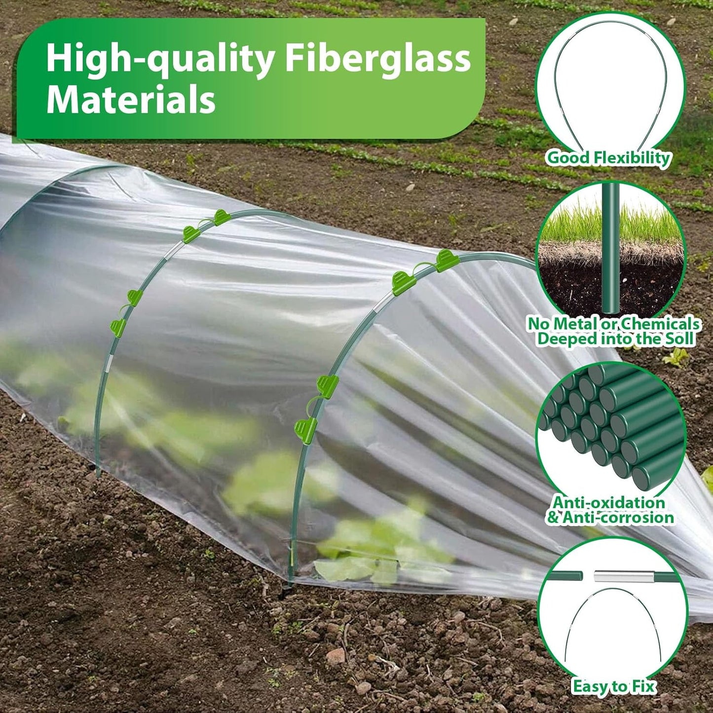 50Pcs Garden Hoops for Raised Beds,10 Sets of 7FT Greenhouse Hoops Grow Tunnel, Rust-Free Fiberglass Support Hoops Frame for Netting Shade Cloth Cover, DIY Plant Support Garden Stakes (10 Sets)