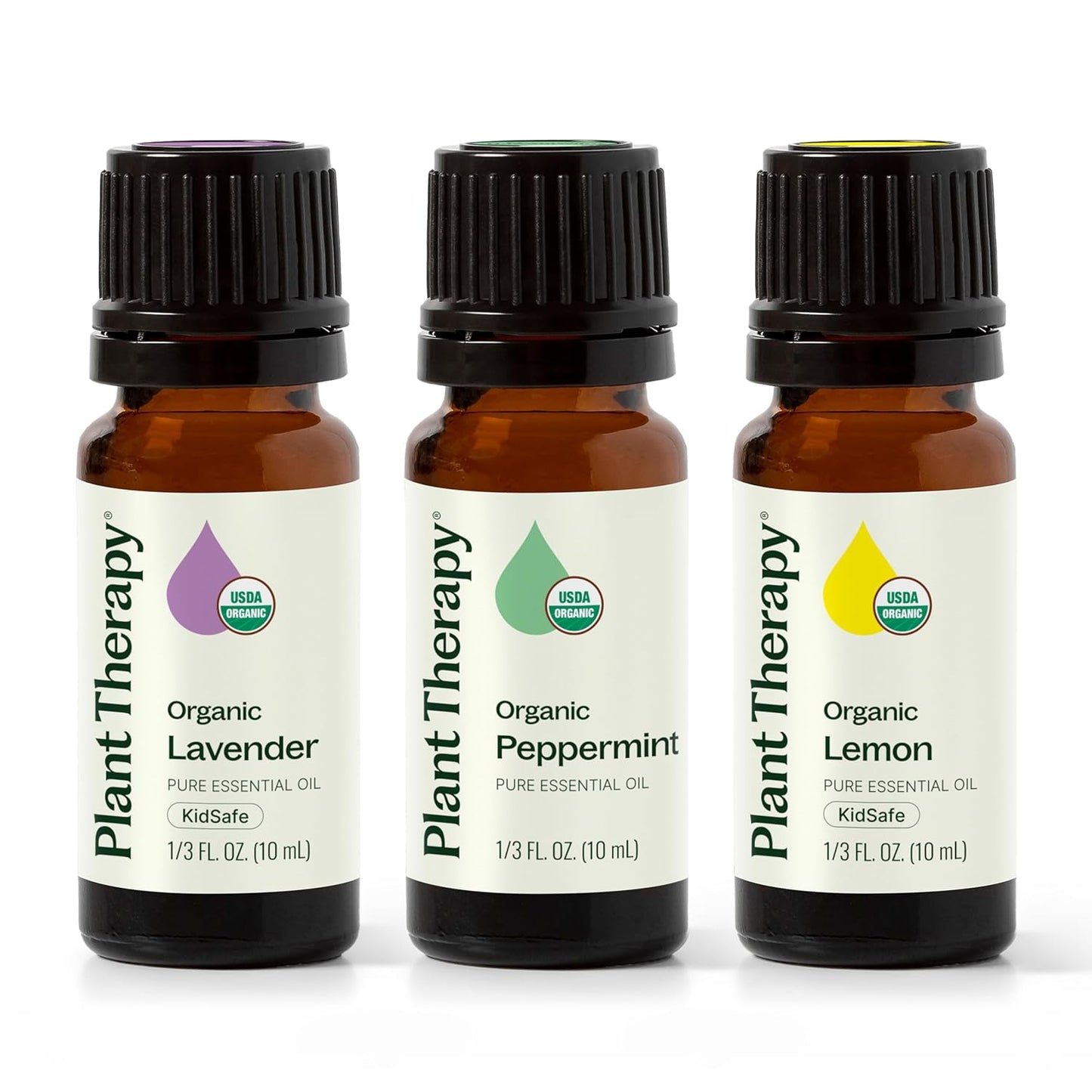 Plant Therapy Top 3 Organic Essential Oil Singles Set 10 mL (1/3 oz) Lemon, Lavender & Peppermint 100% Pure Essential Oils, Undiluted, Natural Aromatherapy for Diffusion and Body Care