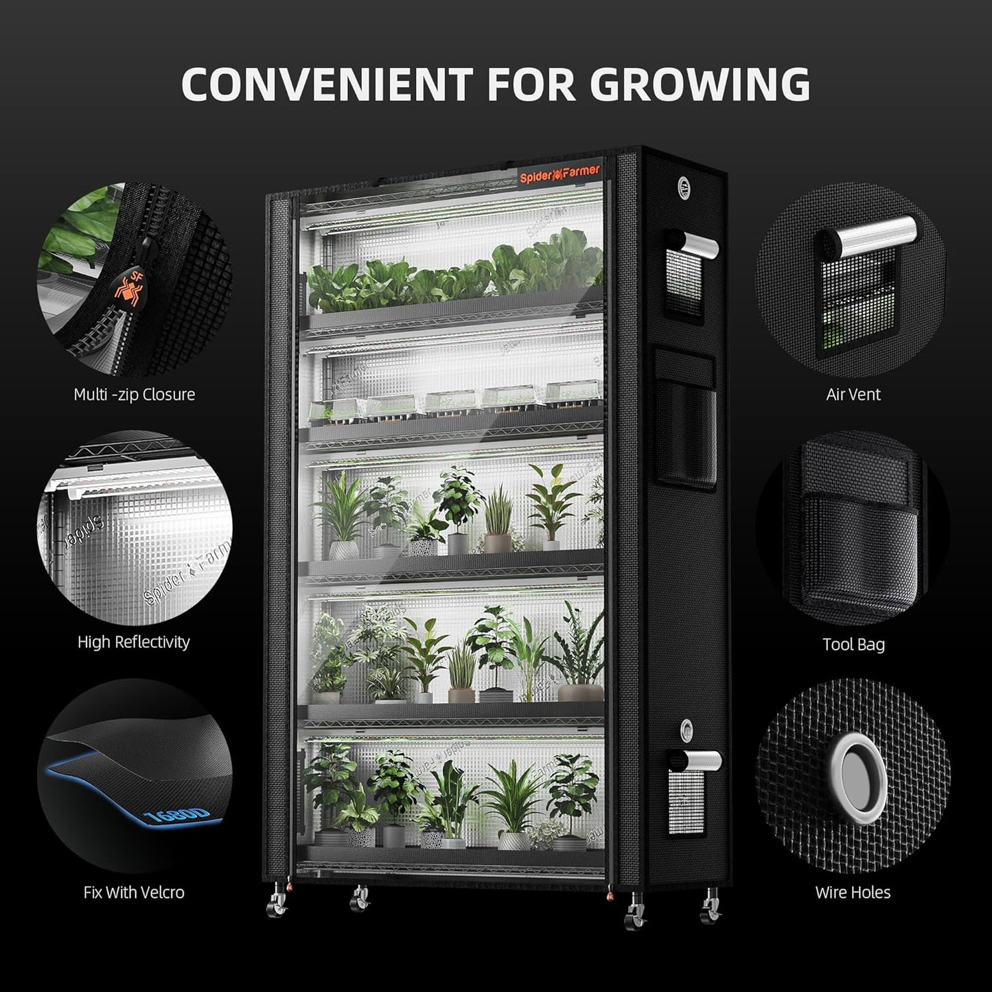 Spider Farmer 2025 Plant Stand with Grow Lights, 6-Tier Plant Shelf with 10Pcs 3ft Full Spectrum 220W Led Lamp and Grow Tent, for Veg Seed Starting Plants Growth Greenhouse 5000K 43Lx16Dx71H (Update)