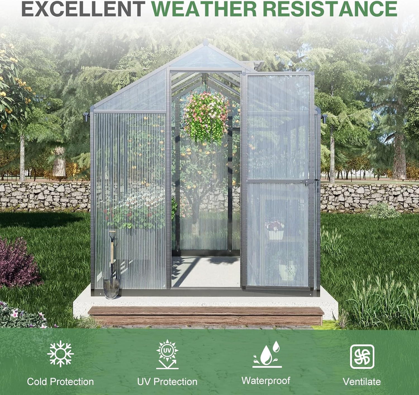Aoodor 6 x 8 Ft Walk-in Greenhouse with Gutter, Polycarbonate and Heavy-Duty Aluminum Frame, Adjustment Skylight and Lockable 2-Sided Door for Patio, Outdoor, Yard, Lawn Use, Black