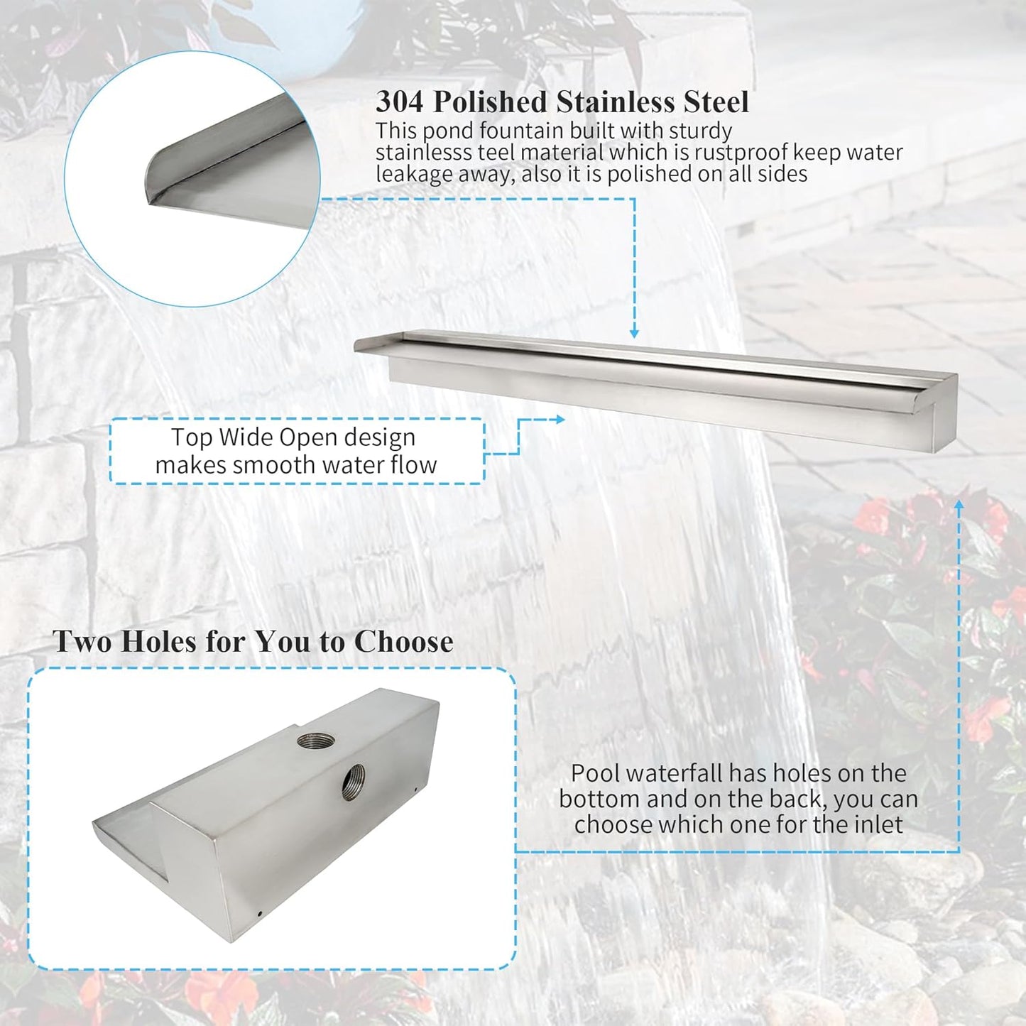 36 Inch Pool Fountain 304 Stainless Steel Waterfall Spillway with Pipe Connector Kits, Wider Water Flow Sheer Descent Platform Water Feature Fountain for Swimming Pool, Outdoor Garden Decor