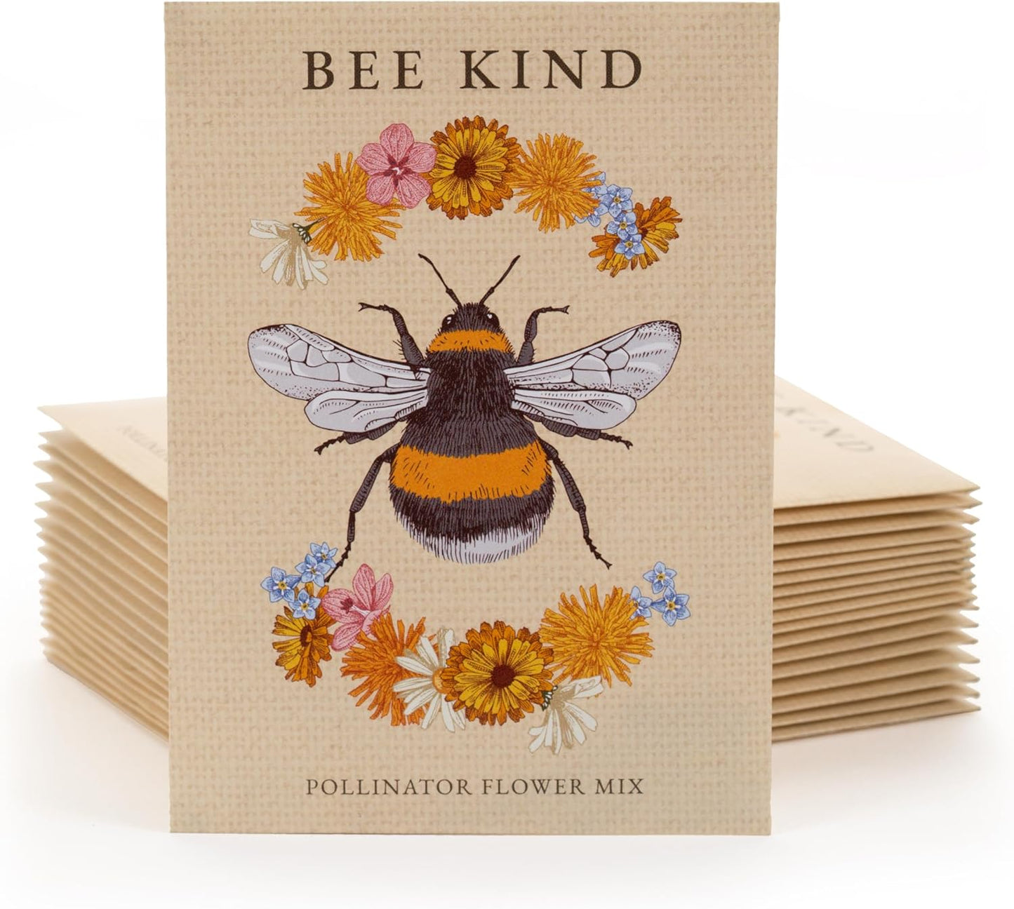 Bentley Seed Co. | Bee Kind Pollinator | Beautiful Bee Art | Environmental Favors Cards for Guests Seed Packets | Pollinator Wildflower Mix Seed Packets | Eco-Friendly Hand Out Gift | 25 Pack