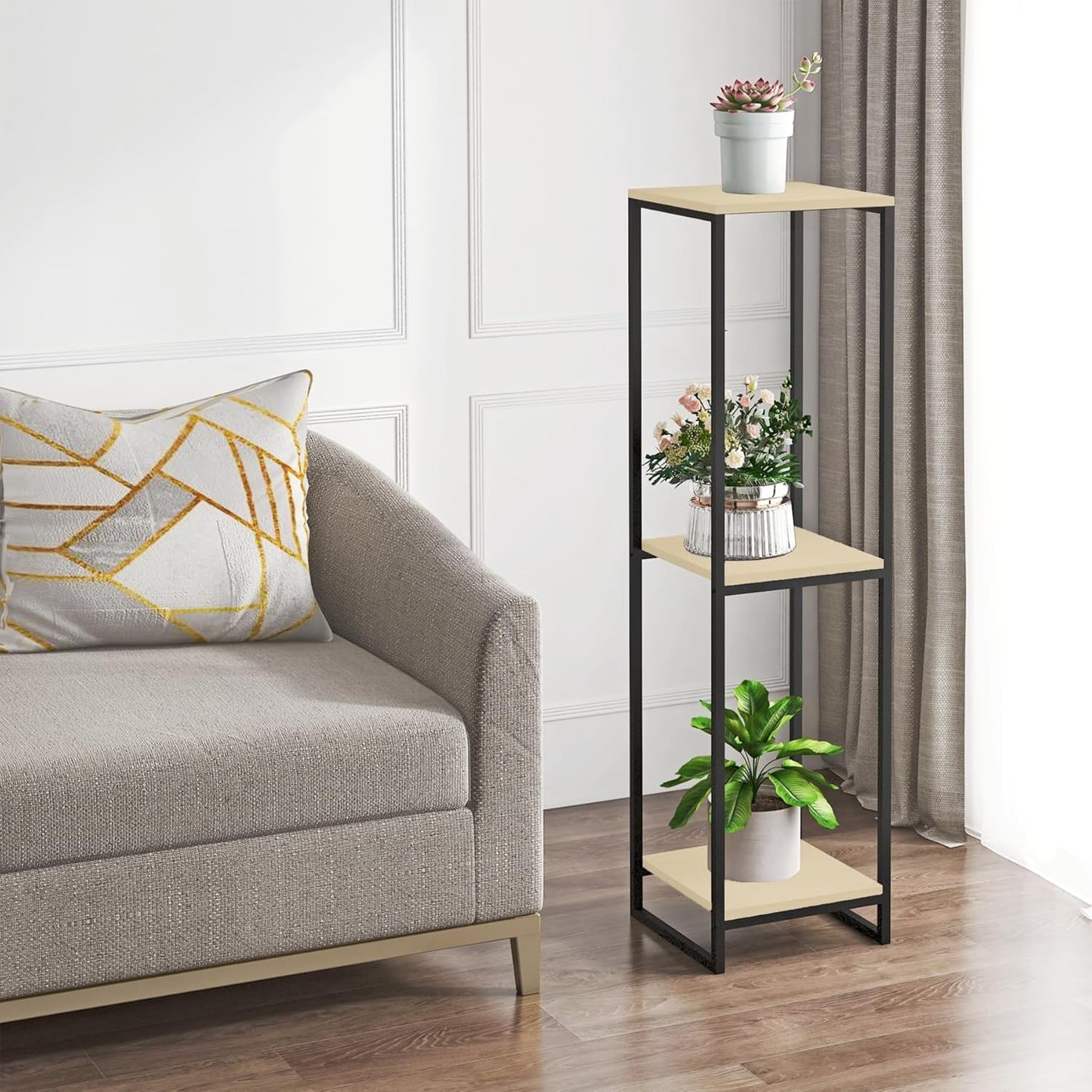 46" Tall Plant Stand Indoor, 3-Tier Modern Plant Shelf, Corner Flower Pot Holder Organizer for Living Room Balcony Patio Garden (Light Oak)