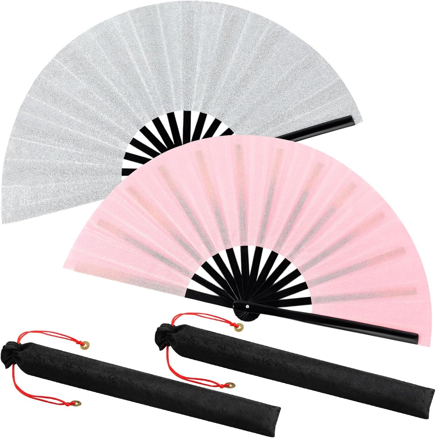 Maitys 2 Packs Large Clap Fans for Line Dancing Large Chinese Folding Hand Fans for Men and Women, Festival, Tai Ji, Kungfu, Martial Art, Gifts (Glitter Silver and Pink)