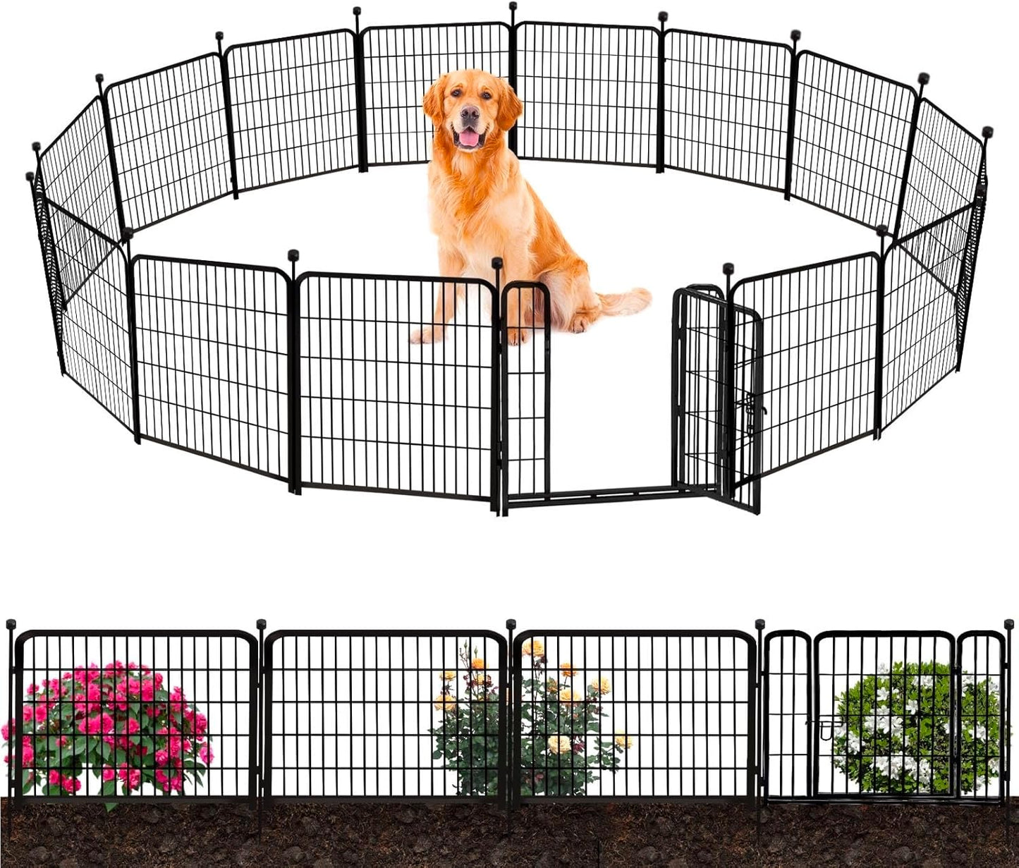 ADAVIN 32 in(H) Garden Fence with Low Threshold Door, 12 Panels Total 26.6 Ft(L) Tall Yard Fence for Dogs, Garden Fences Border, Black Iron Metal Heavy Duty Dog Fencing for Yard or Camping