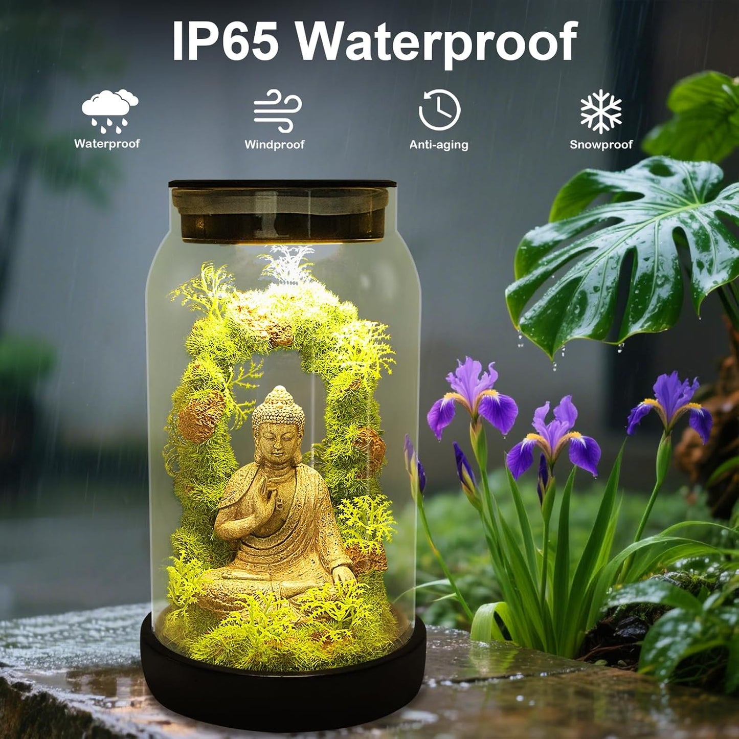 Solar Garden Buddha Statue for Home Decor - 9.8'' Zen Solar Lights Sculptures Decor with 15 LED, Sitting Meditating Buddha Serene Moss Figurine in Jar for Patio Lawn Yard Good Luck Housewarming Gifts