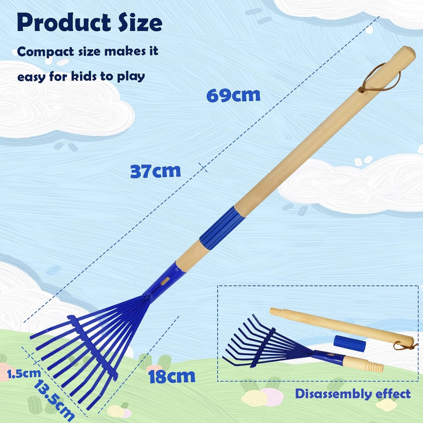 Kids Leaf Rake-Small Wooden Handle Leaf Rake with Metal Tines, 27inches /69cm Length, for Kids Enjoy Garden Cleaning Activities (Blue)