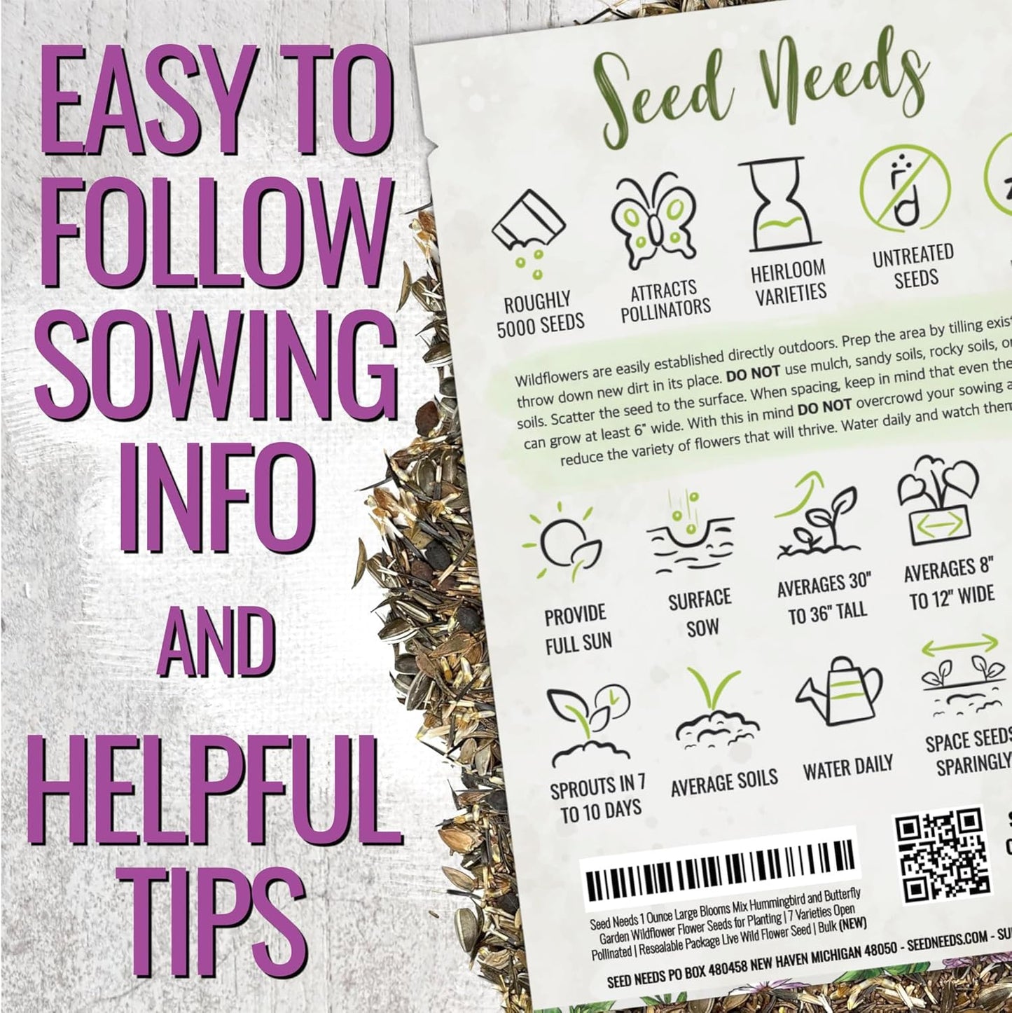 Seed Needs Garden Flower Seeds Large Blooms Mix Hummingbird and Butterfly | 10 Packs (1 Ounce Each) No Filler 7 Varieties Open Pollinated | Resealable Package Live Wild Flower Seed | Bulk