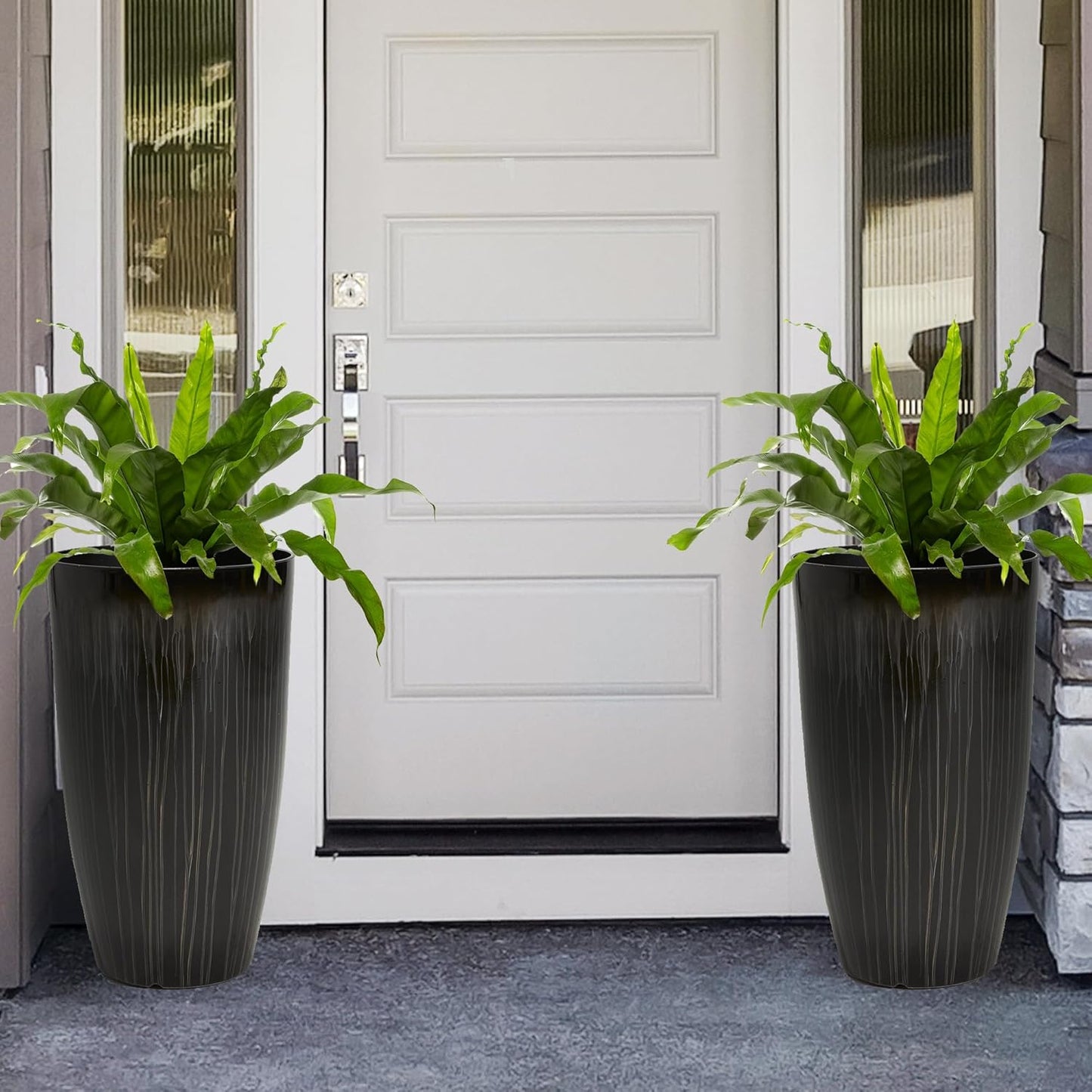 Worth Garden 23.5" H. Large Plastic Planters - Set of 2 Gradient Black Glossy Smooth Finish - Tall Plant Pots for Indoor & Outdoor Use - Decorative Lightweight Flower Pots for Front Porch, Patio, Deck