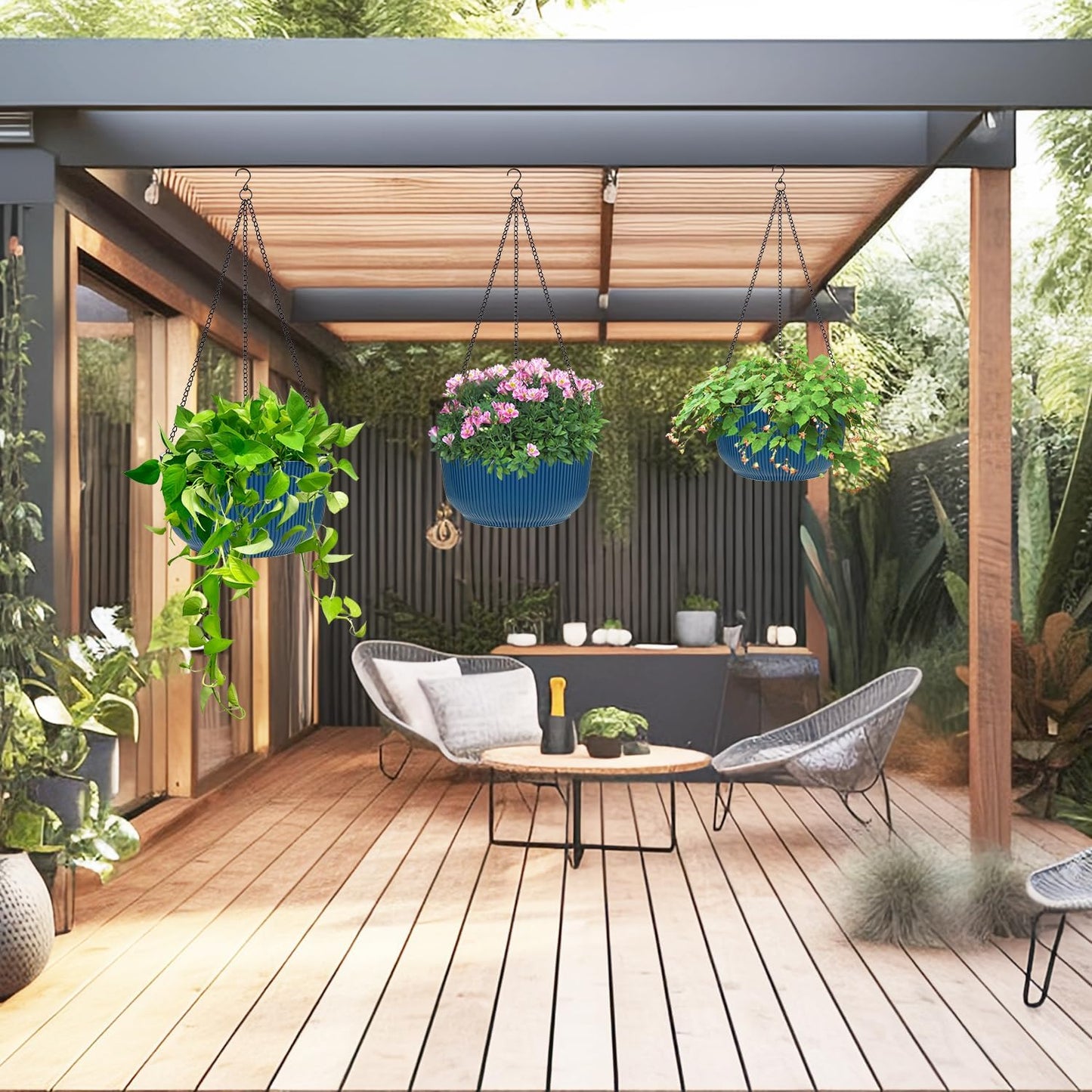 Hanging Planters 9/10/11 Inch for Indoor Plants, 3 Pack Plant Hanger Outdoor with Drainage Holes, Self Watering Hanging Basket Flower Pot for Garden Home Decor, Dark Blue