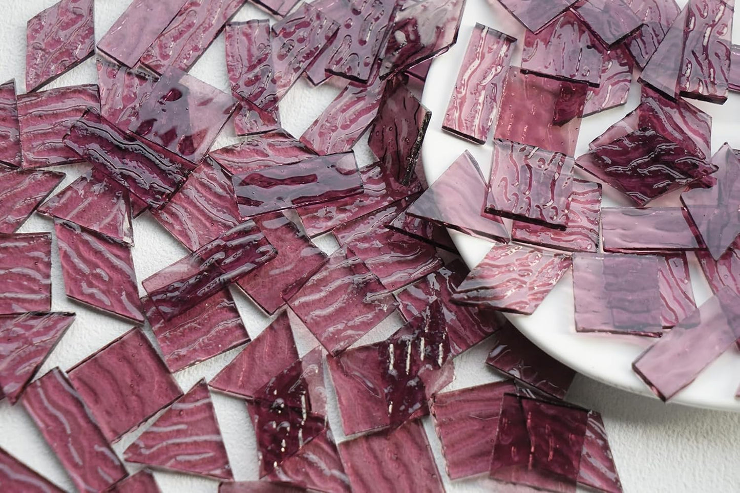 200G Large Size Transparent Glass Mosaic Tiles for Crafts, 4 Shapes Textured Cathedral Stained Glass Mosaic Pieces for Mosaic Art Decor, Mauve