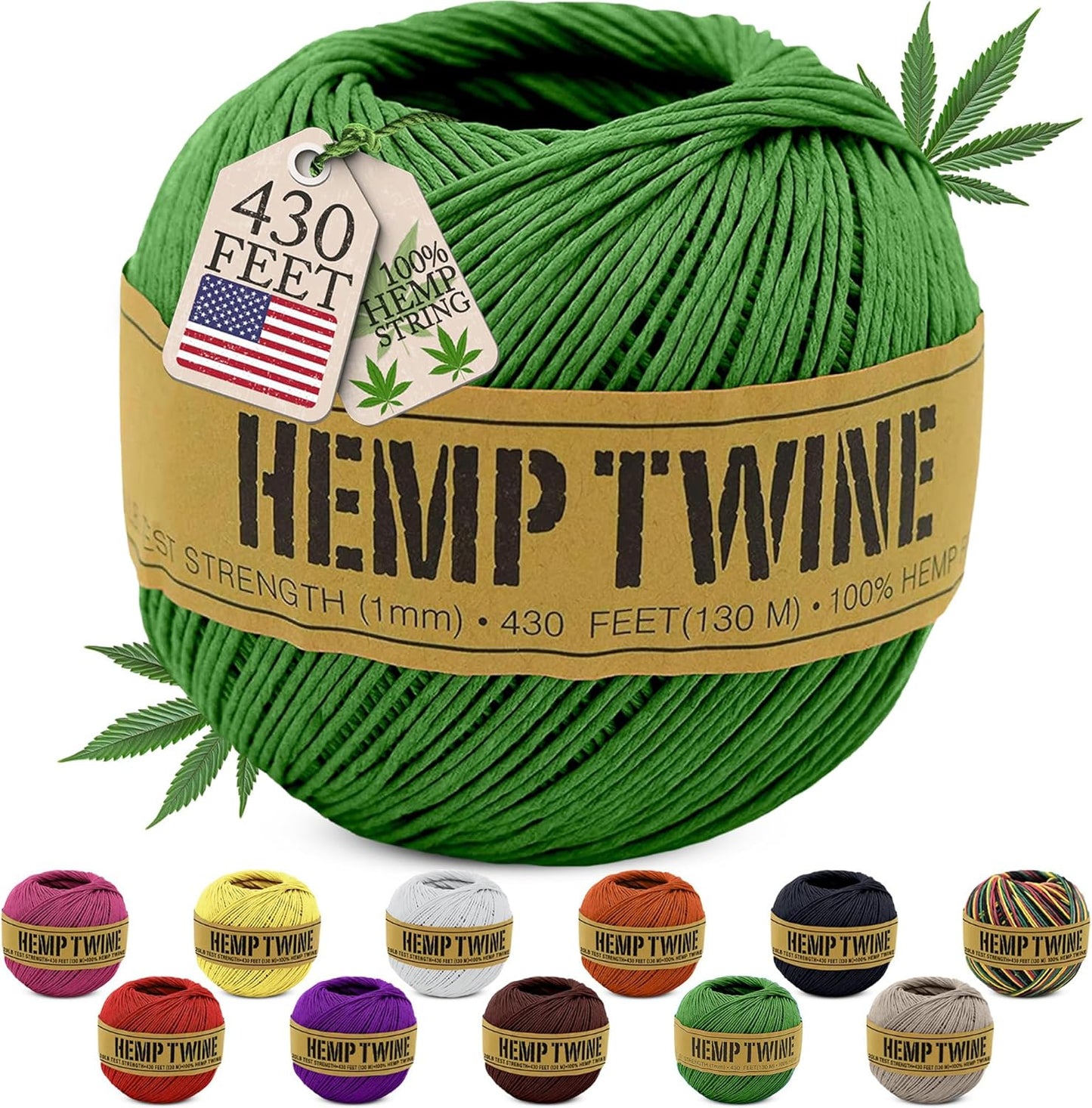 Hemp Twine for Gardening - Twine for Crafts - Organic Natural Hemp String for Jewelry Making - Strong Durable Cord for Decoration, Macrame + Cooking - 1MM, 100G/430 Ft. - 20 lb. Test Strength - Green